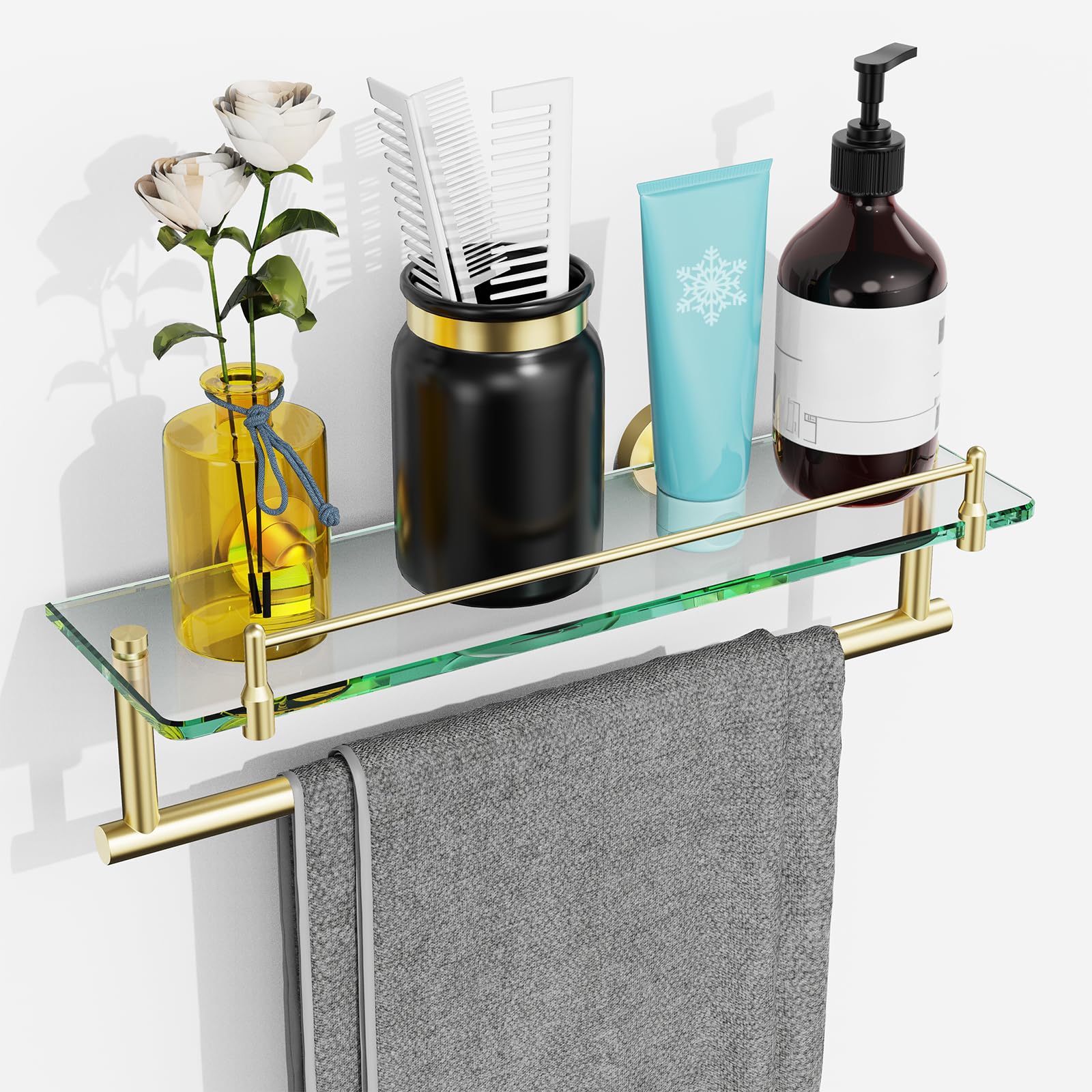 KOCOK Towel Rack with Shelf 16 Inch, Bathroom Shelf with Towel Bar Tempered Glass, Brushed Gold Modern Rustproof Stainless Steel Wall Mount