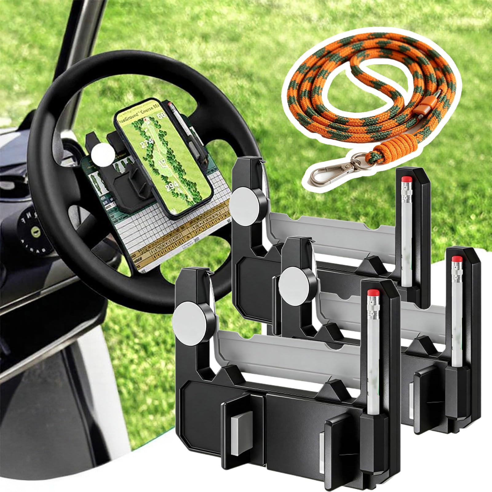 rialgirw Golf Cart Steering Wheel Phone Mount, Flip Up Golf Cart Phone Holder with Scorecard Slot, 360 Adjustable Golf Steering Wheel Phone Mount for iPhone Android (3PCS)