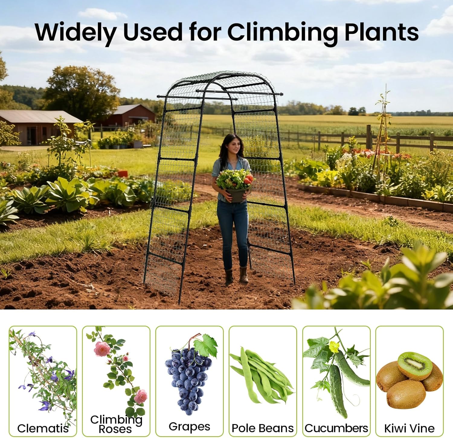 Garden Arch Trellis 83" H x 49" L x 31.5" W Heavy-Duty Plant Support with Nylon Netting & 100 Leaf Ties – Reusable Climbing Trellis for Tomatoes, Cucumbers, Beans & Flowers