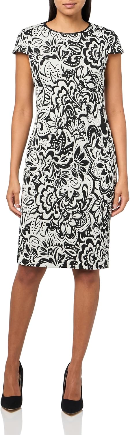 Vince Camuto Womens Cap Sleeve Jewel Neck Leather Trim Jacquard Dress