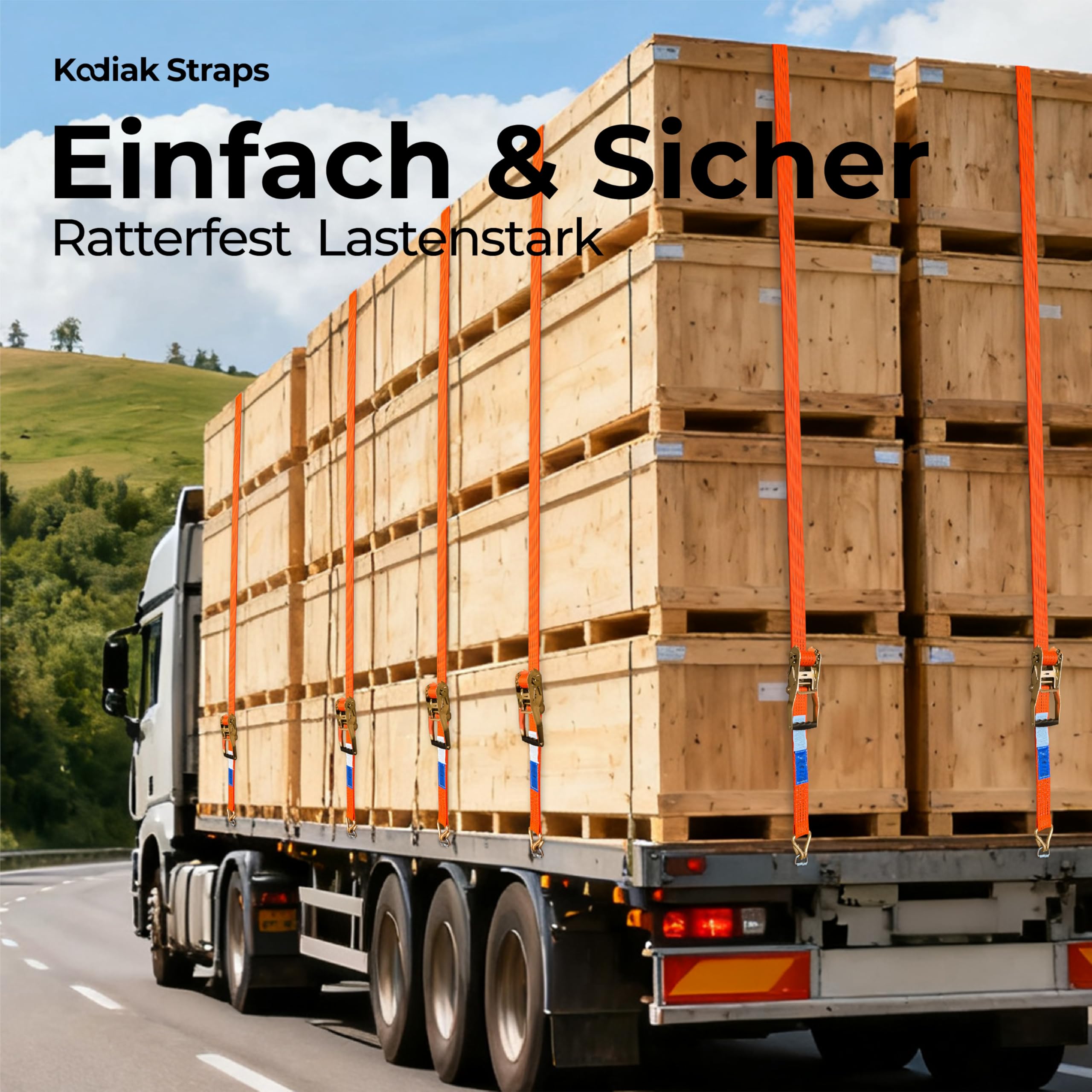 8 Stück Spanngurte 8m x 5000kg mit Ratsche und Haken - 50mm Zurrgurte mit Ratsche - Orange Ratschengurt für Ladungssicherung - TÜV/GS geprüft nach DIN EN 12195-2 - KODIAK STRAPS