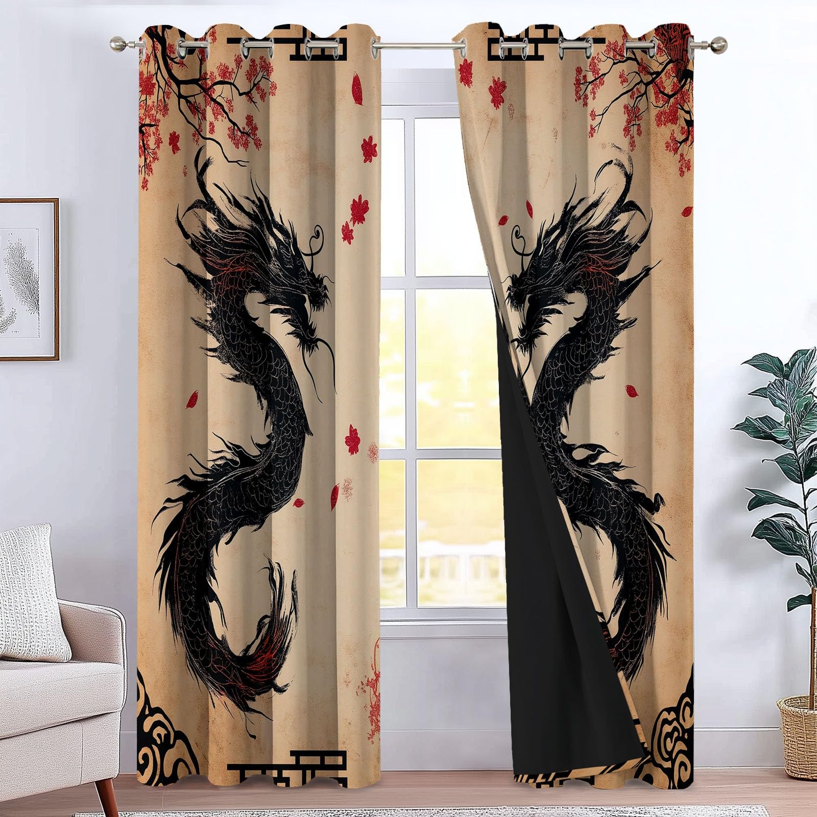 Rideau occultant salon motif oriental lot de deux draperies intérieures 140x175