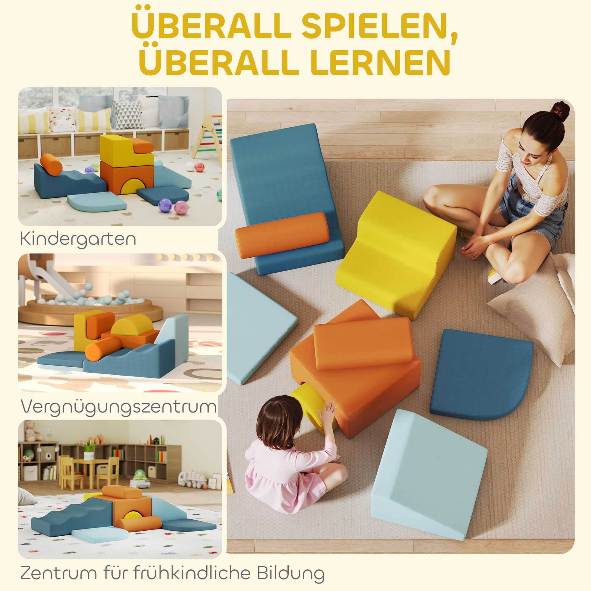 AIYAPLAY Schaumstoff Bausteine 9-TLG. Kinder Softbausteine Bausteinset mit abnehmbarem Bezug Klettern Großbausteine mit Cord-Optik Bauklötze Bunt