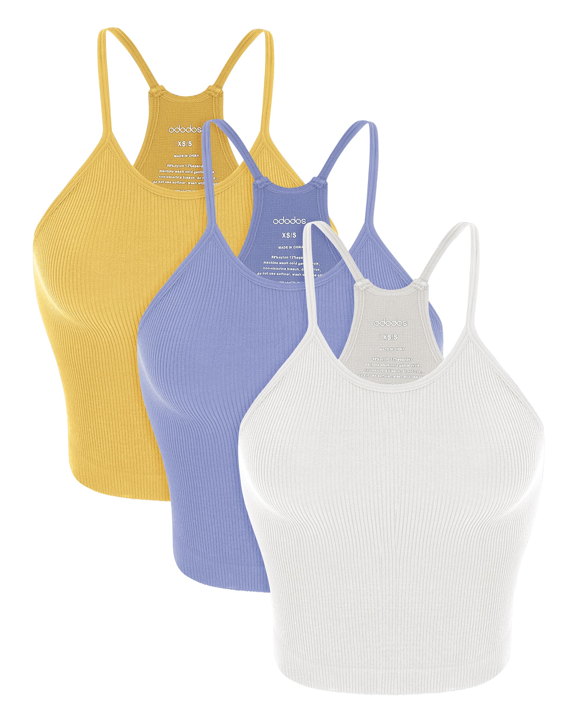 ODODOSWomen's Crop 3-Pack Seamless Rib-Knit Camisole Crop Tank Tops