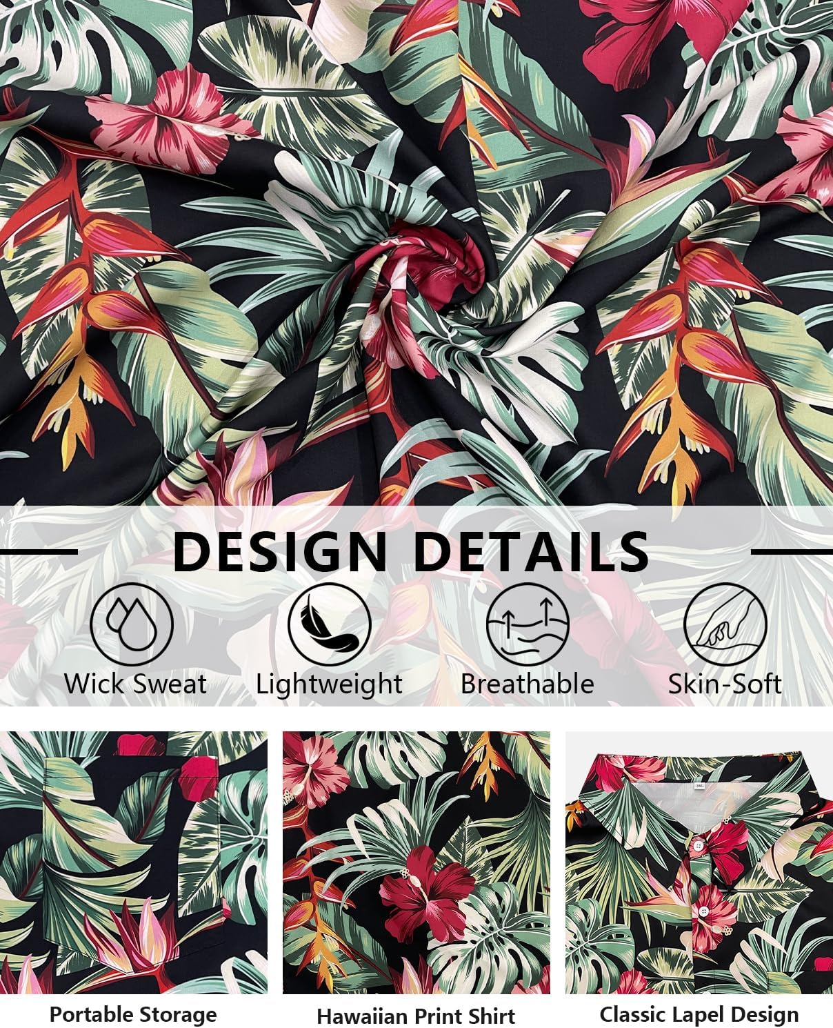 Big and Tall Hawaiian Shirt for Men Tropical Button Down Shorts Sleeve Printed Shirts with Pocket for Vacation - Image 6