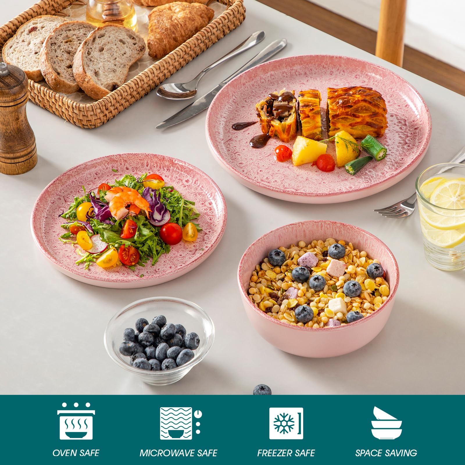 Geschirrset 6 Personen, vancasso Reveal 18tlg Steingut Teller Set, Rosa