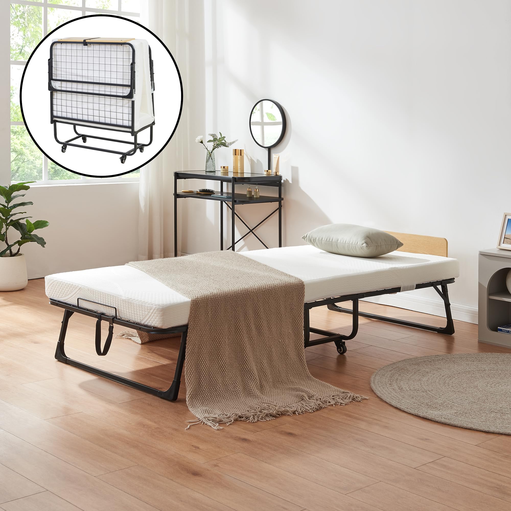 [en.casa] Klappbett 90x200 cm Erwachsene Lustendi mit Matratze Gästebett klappbar mit Kopfteil Metallbett mit Rollen Schwarz/Eicheoptik