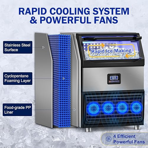 Miniatura 6 de Máquina comercial para hacer hielo, 350 libras24 horas con contenedor de almacenamiento de 75 libras, 108 cubos de hielo de 8 minutos, máquina de