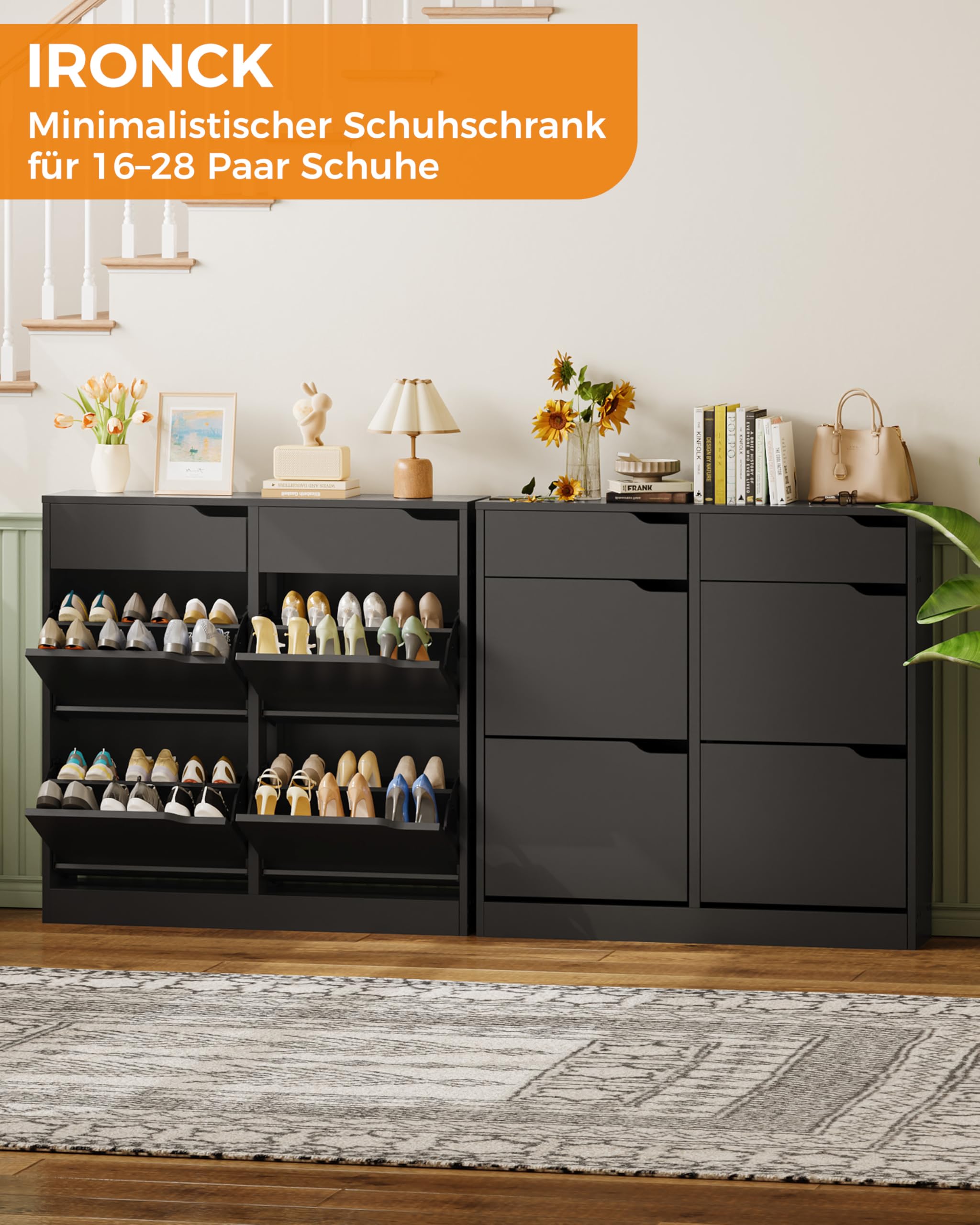 IRONCK Schuhschrank mit 4 Klappen, Schuhkipper Schmal mit 2 Schubladen, freistehendes Schuhregal, Schuhkommode mit verstellbaren Trennwände, Schuhablage Schrank für Flur Eingang, Wohnzimmer (Schwarz)