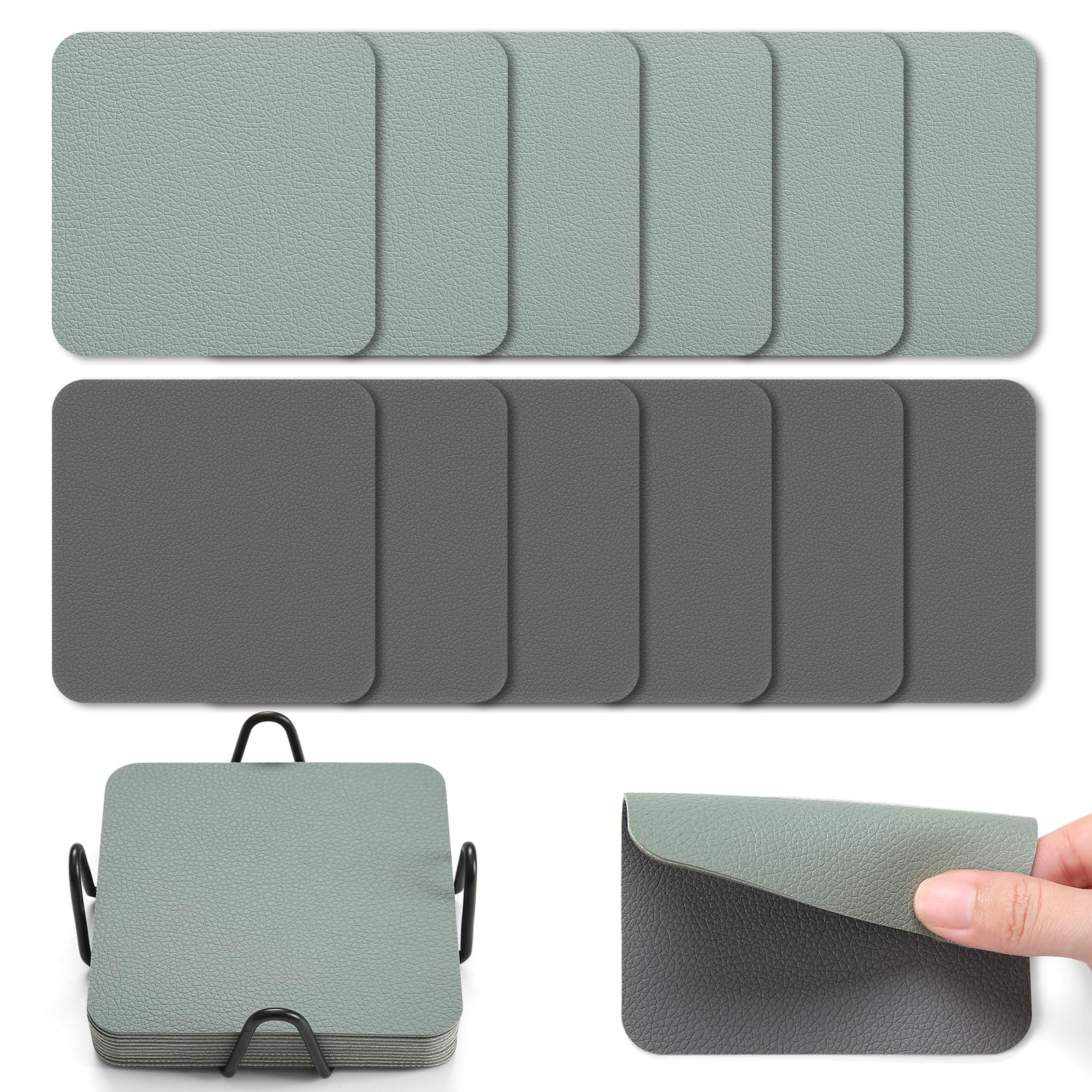 Myir JUN Coasters Glass Coasters set of 12 4 inch Double Sided Faux Leather Coaster Waterproof Non-slip Easy to Clean with Coaster Holder(Gray Sage green)