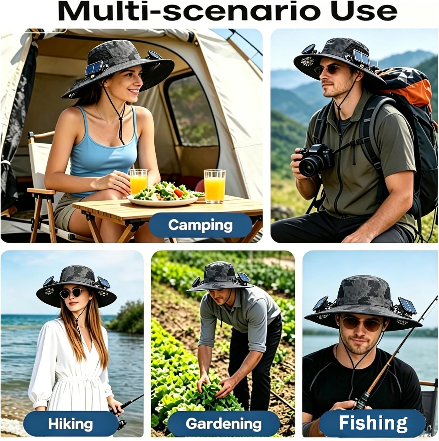 Solar Powered Hat Fan, 3-in-1 Detachable Neck Fan Hat with 3 Speed Adjustable,for Camping Hiking Fishing