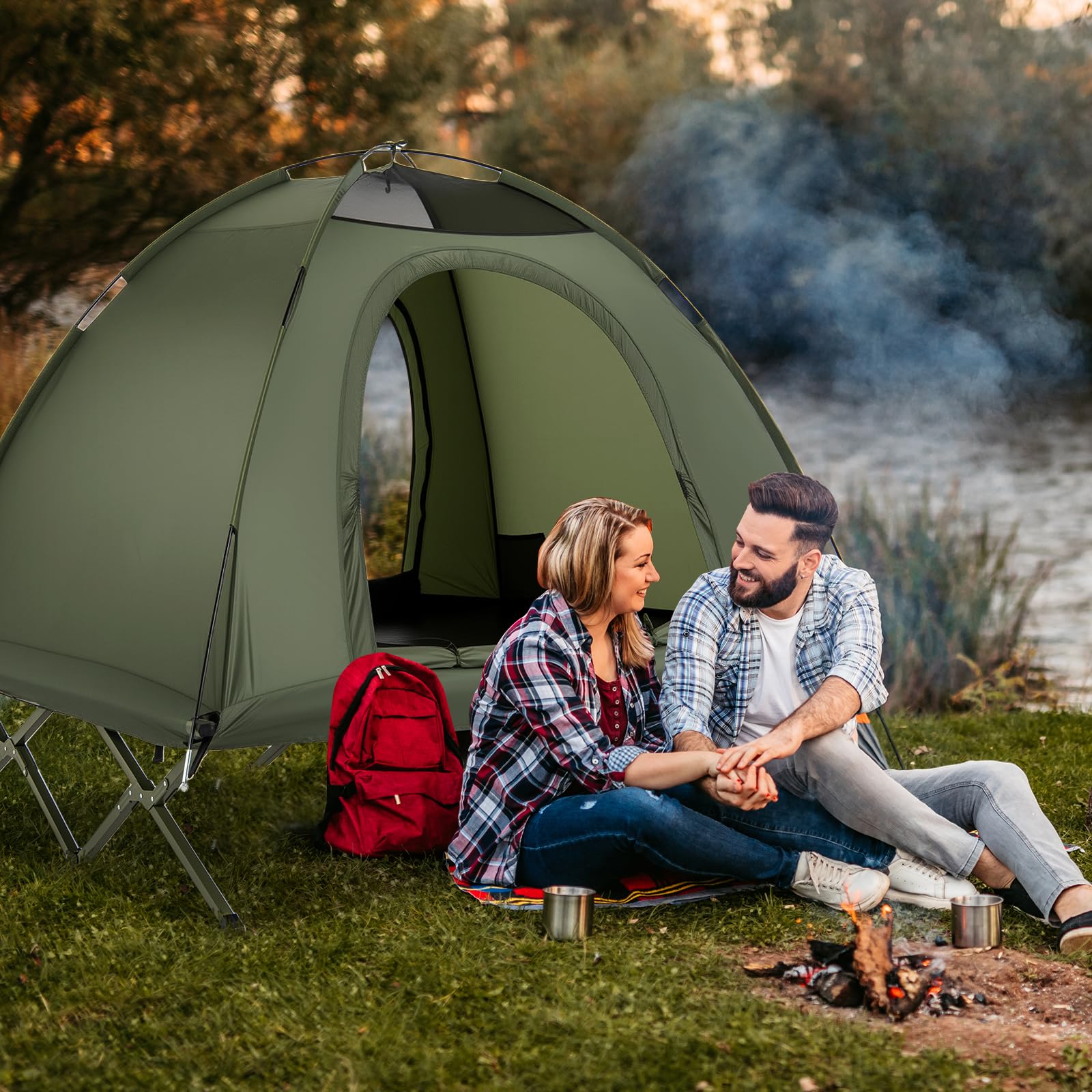 COSTWAY Feldbett mit Zelt für 2 Personen, Campingbett mit Regenschutz, 2 Netztüren, Dachfenster & Rolltasche, Campingliege, 300 kg Tragkraft, 194 x 145 x 150 cm