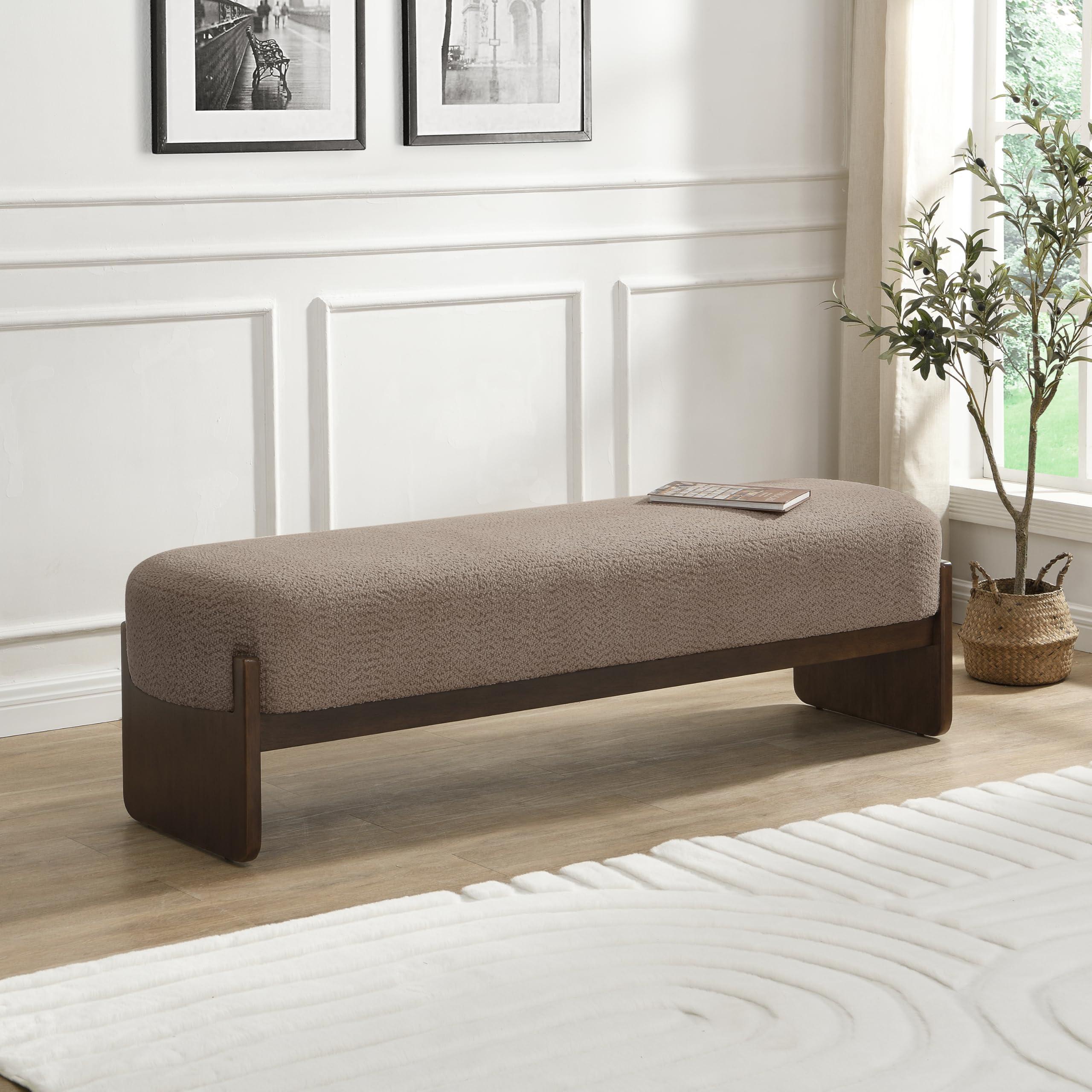 Christopher Knight Home Arden Minimalist Style Rectangular Loop Yarn Fabric Ottoman Bench, Rubberwood Frame, Entryway Bench, Living Room Sofa Extra Seat, End of Bed Footstool, Brown+Brown