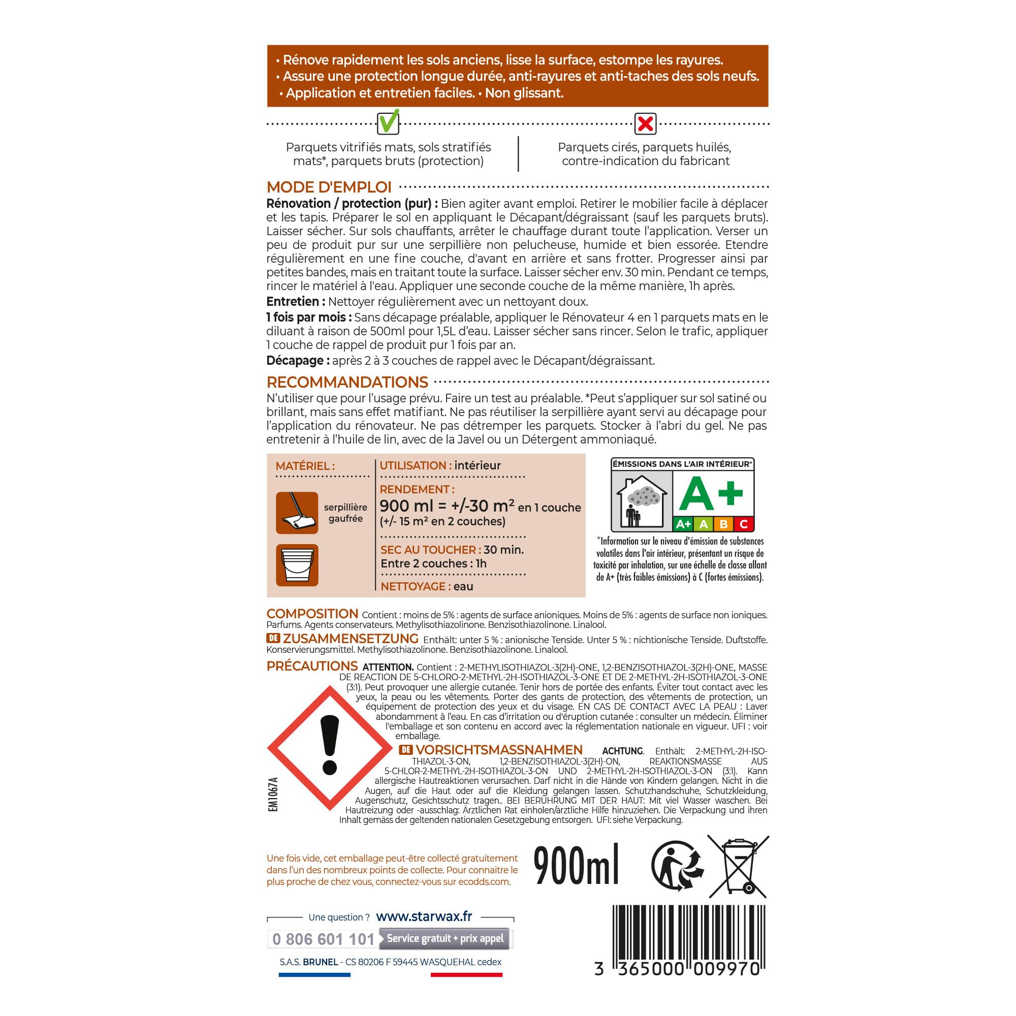 STARWAX Politura 4 w 1 matowy parkiet i laminat 900 ml | Chroni, kaszeruje zarysowania, pielęgnuje i wzmacnia, zachowuje oryginalny wygląd, do 30 m²