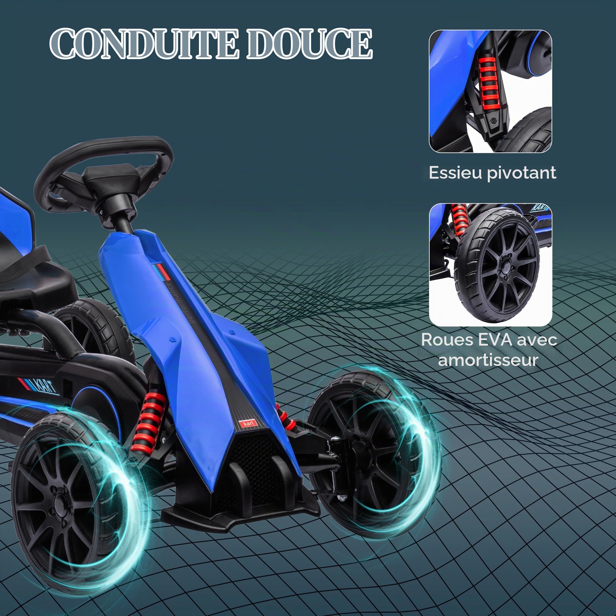 HOMCOM Kart pédales Enfant Voiture Course siège réglable Frein Main Bleu