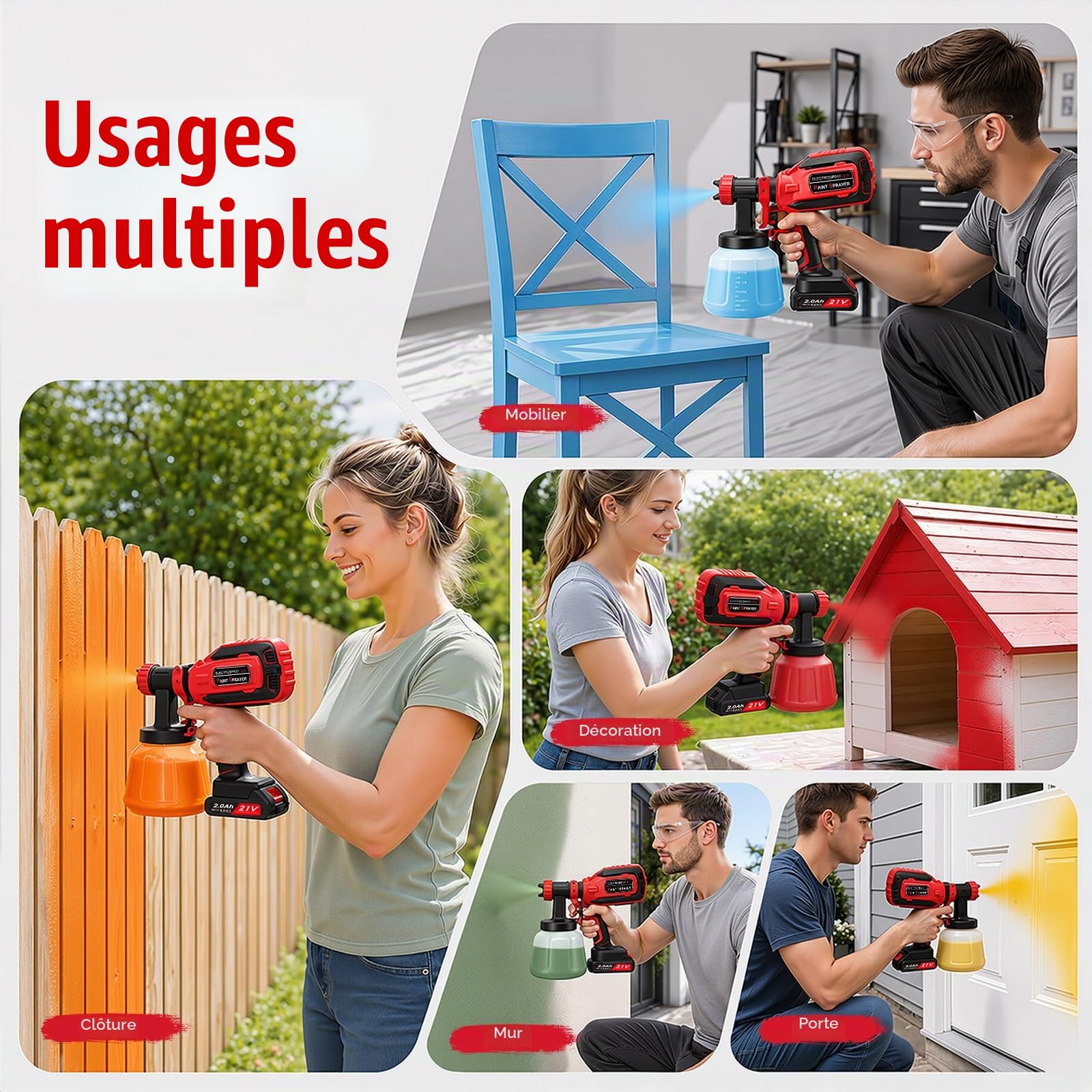 Pistolet à Peinture sans Fil 21V HVLP 800 ML/Min avec 5 Buses, Réservoir 1200 ML & 2 Batteries – 3 Modes de Pulvérisation pour Meubles, Clôtures, Portes & Bricolage