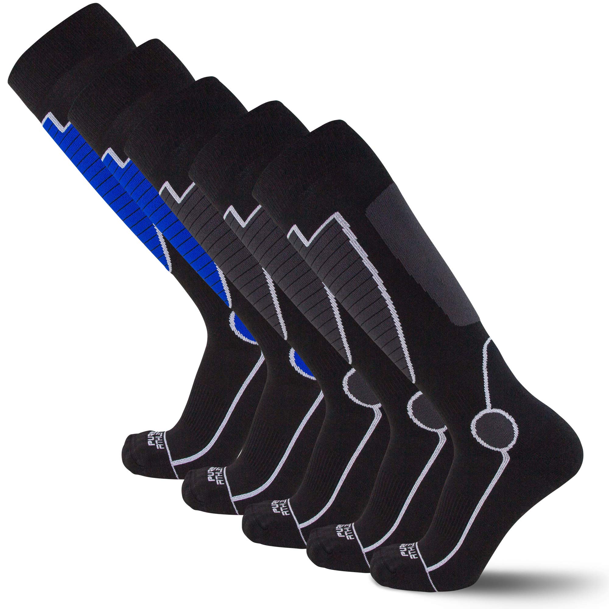 Pure Athlete Midweight Ski Socks - Warmest Winter Thermal Socks for Men Women Skiing Snowboarding Hiking Hunting (M, 5 Pairs - Black/Grey(3)-Black/Blue(2))