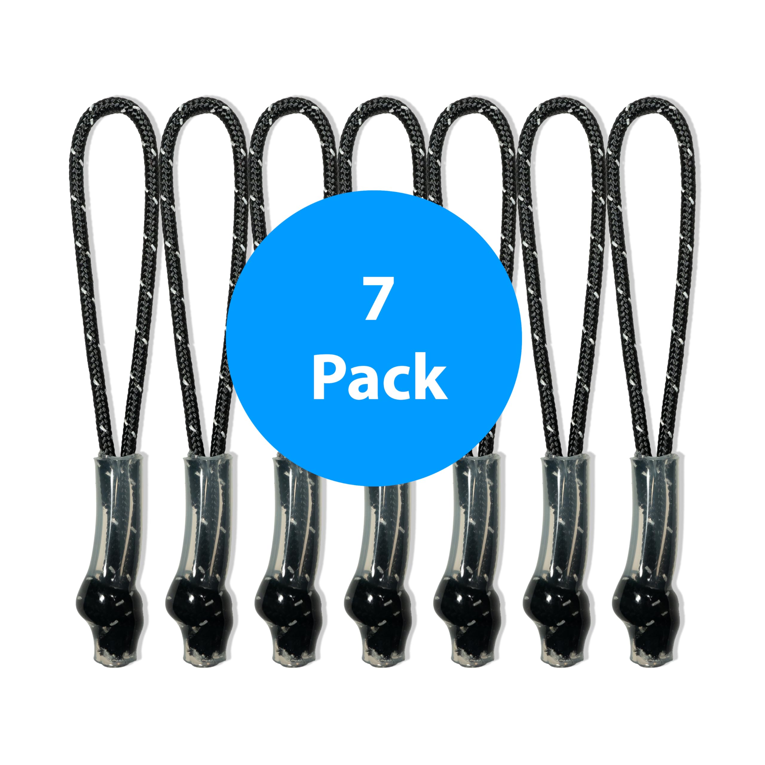 Reflective Tactical Cord Zipper Pulls, Set of 7, Black, Made in USA