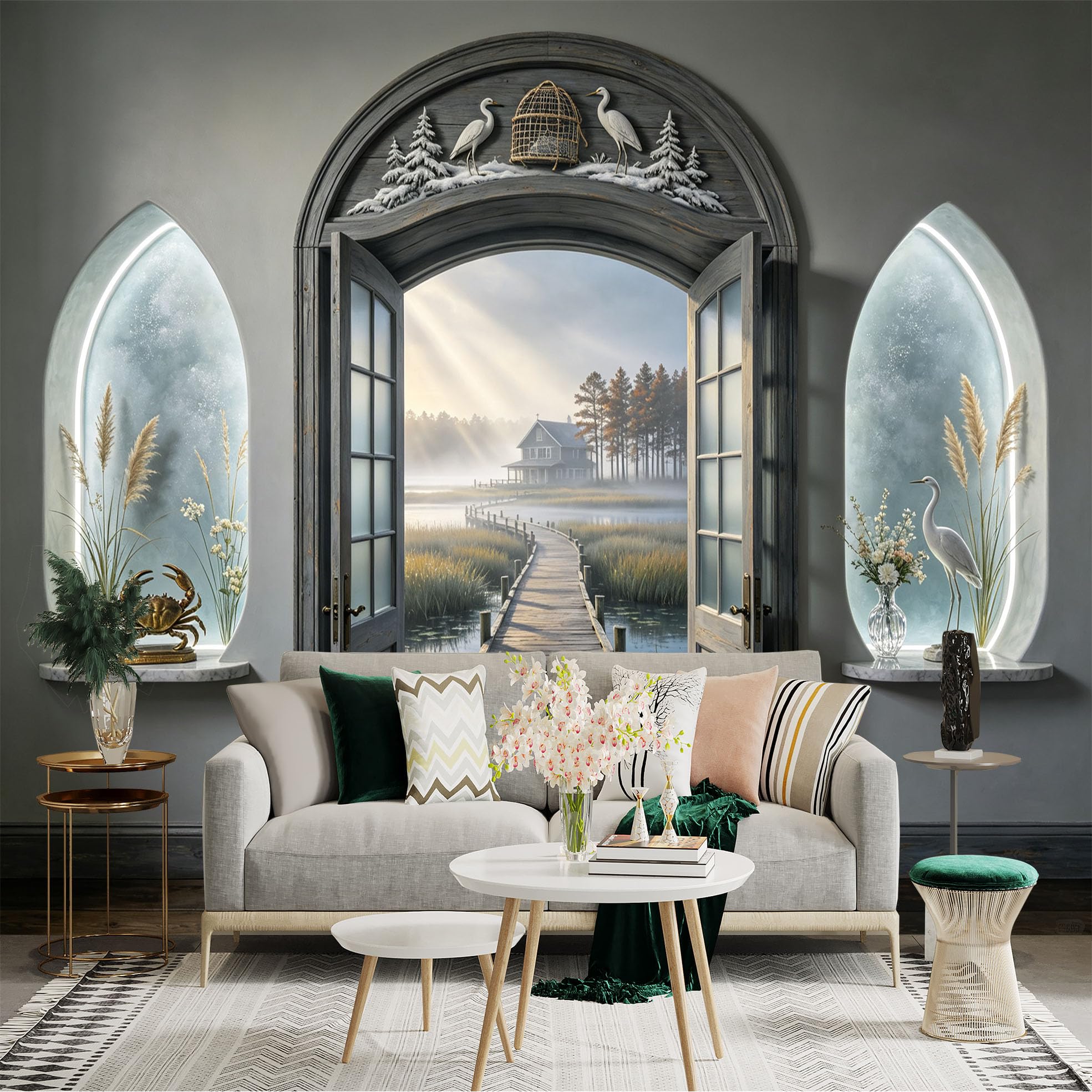 Custom Size Wall Sticker Mural， Coastal Pier View with Open Wooden Doors， Lake House and Misty Marsh， for wall Decoration， peelandstick wall Decals.