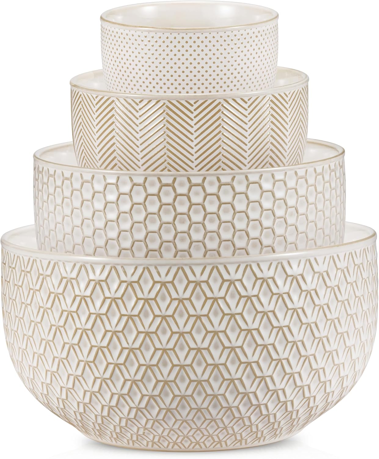 KooK Ceramic Mixing Bowls, Nesting Set of 4, Embossed Kitchen Dishware, Prep, Serving, Gift, Microwave and Dishwasher Safe, 20/44/98/145 oz, Narbonne Collection (Ivory) - Thumbnail 4