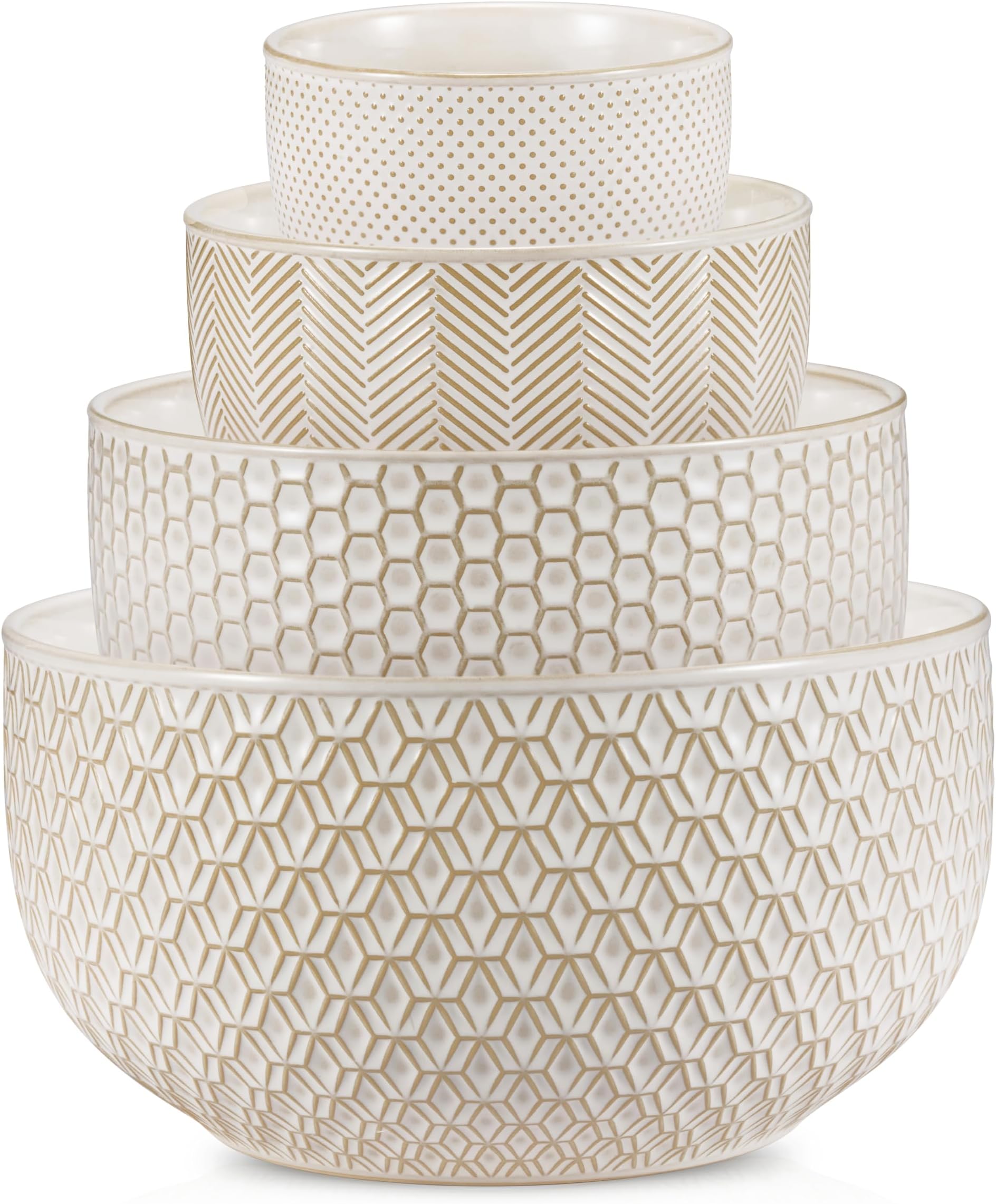 KooK Ceramic Mixing Bowls, Nesting Set of 4, Embossed Kitchen Dishware, Prep, Serving, Gift, Microwave and Dishwasher Safe, 20/44/98/145 oz, Narbonne Collection (Ivory)