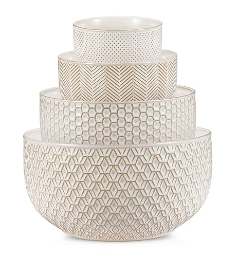 KooK Ceramic Mixing Bowls, Nesting Set of 4, Embossed Kitchen Dishware, Prep, Serving, Gift, Microwave and Dishwasher Safe, 20/44/98/145 oz, Narbonne Collection (Ivory) - Ivory
