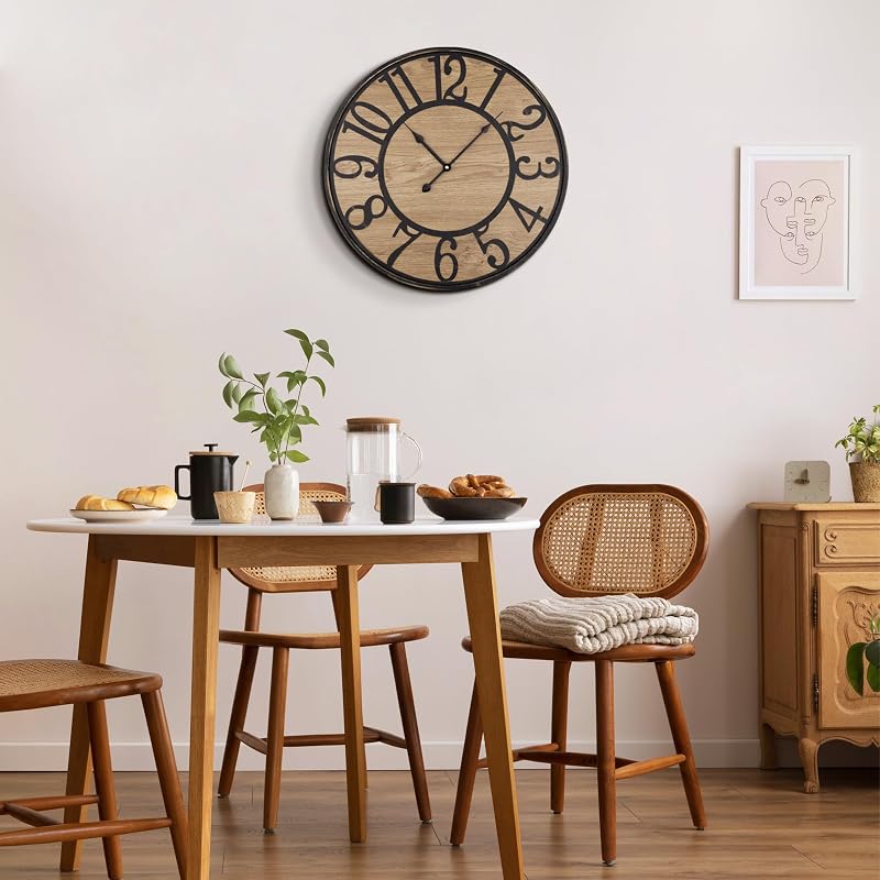 Ceas de perete rustic Maxstar cu funcționare silențioasă, cifre arabe, pe baterii, pentru living, dormitor, birou, 16 inchi, negru