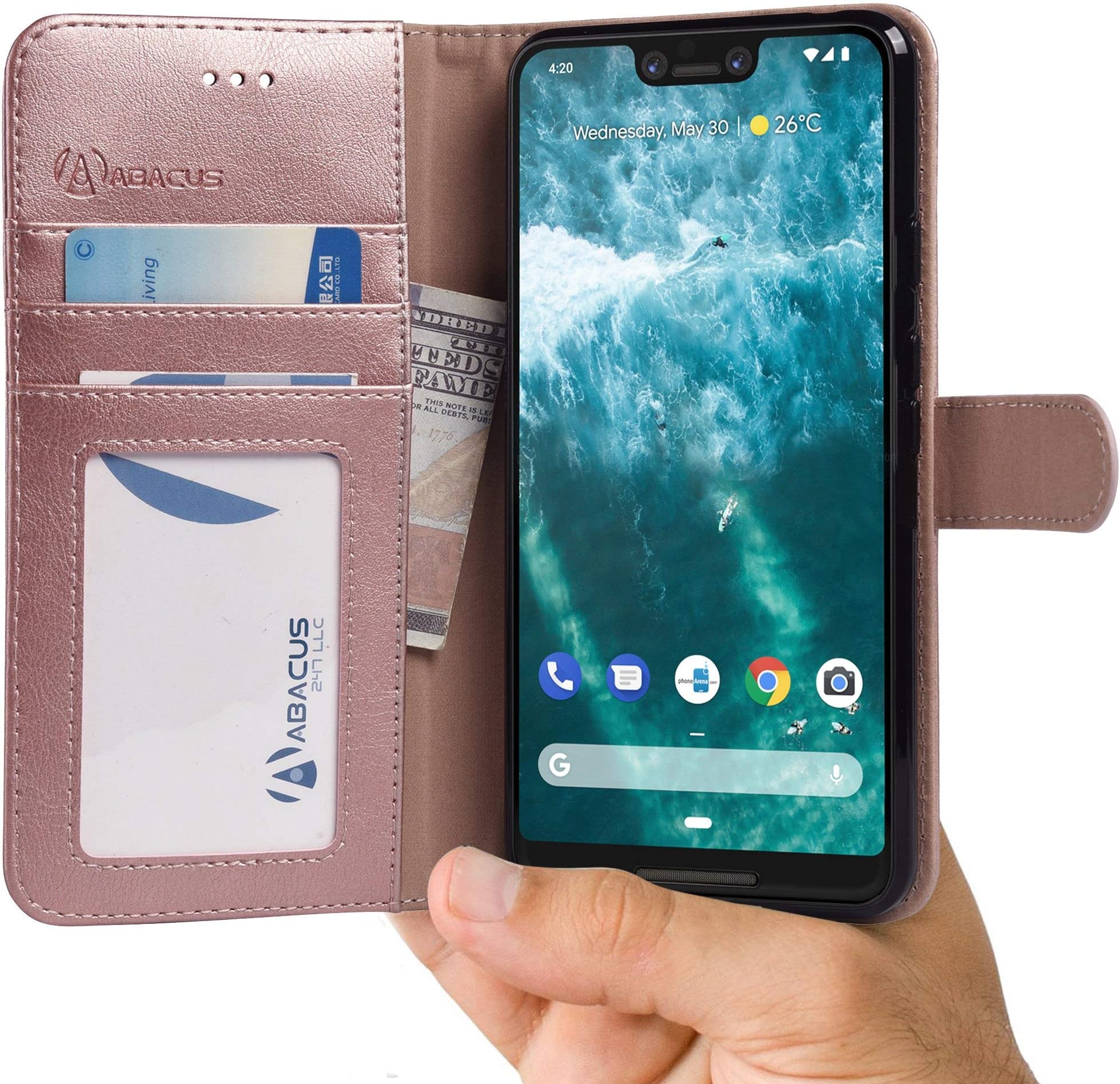 Google Pixel 3 XL Case by Abacus24-7, Pixel 3XL Leather Wallet with Flip Cover, Credit Card Pockets and Stand - Rose Gold