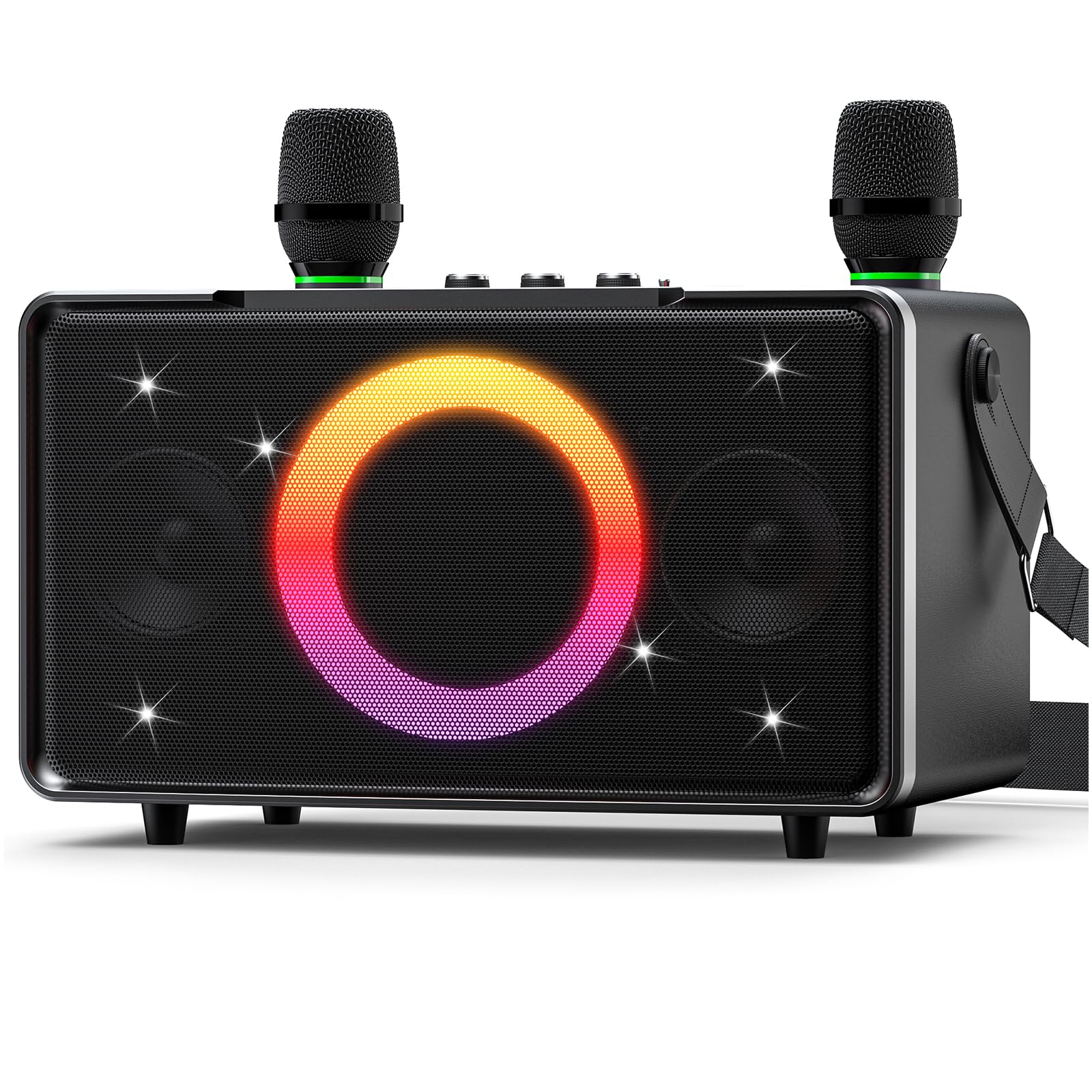 Altavoz Bluetooth portátil GFEEN de 100 W, 160 W de potencia máxima, 15 h de autonomía, inalámbrico, con micrófono, subwoofer de 5 pulgadas, sonido potente, espectáculo de luces, carga rápida para exteriores, fiestas, patios, plateado, con 2 micrófonos.