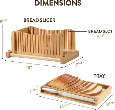 Bread Slicer for Homemade Bread, Sourdough Cutter with Knife, Crumb Tray | Compact Foldable Bamboo, 3 Slice Thickness Options, Serrated Stainless Steel Blade, Storage Bag, Slices Loaves, Bagels, Cake
