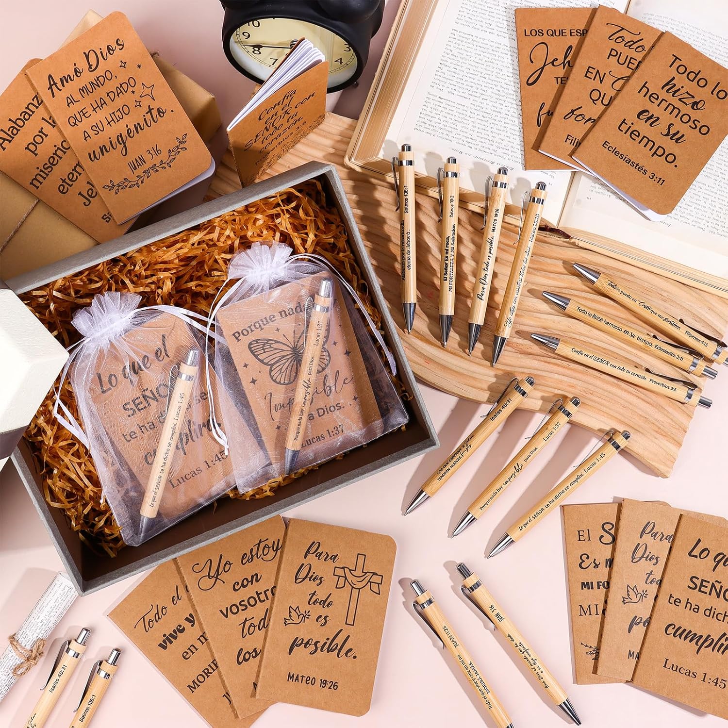 36Pcs/12Sets Regalos Cristianos En Español Spanish Christian Gifts Bulk Spanish Bible Verse Notebooks Church Prayer Journal Religious Scripture Bamboo Pens for Christian Men Women Sunday School Study - Image 4