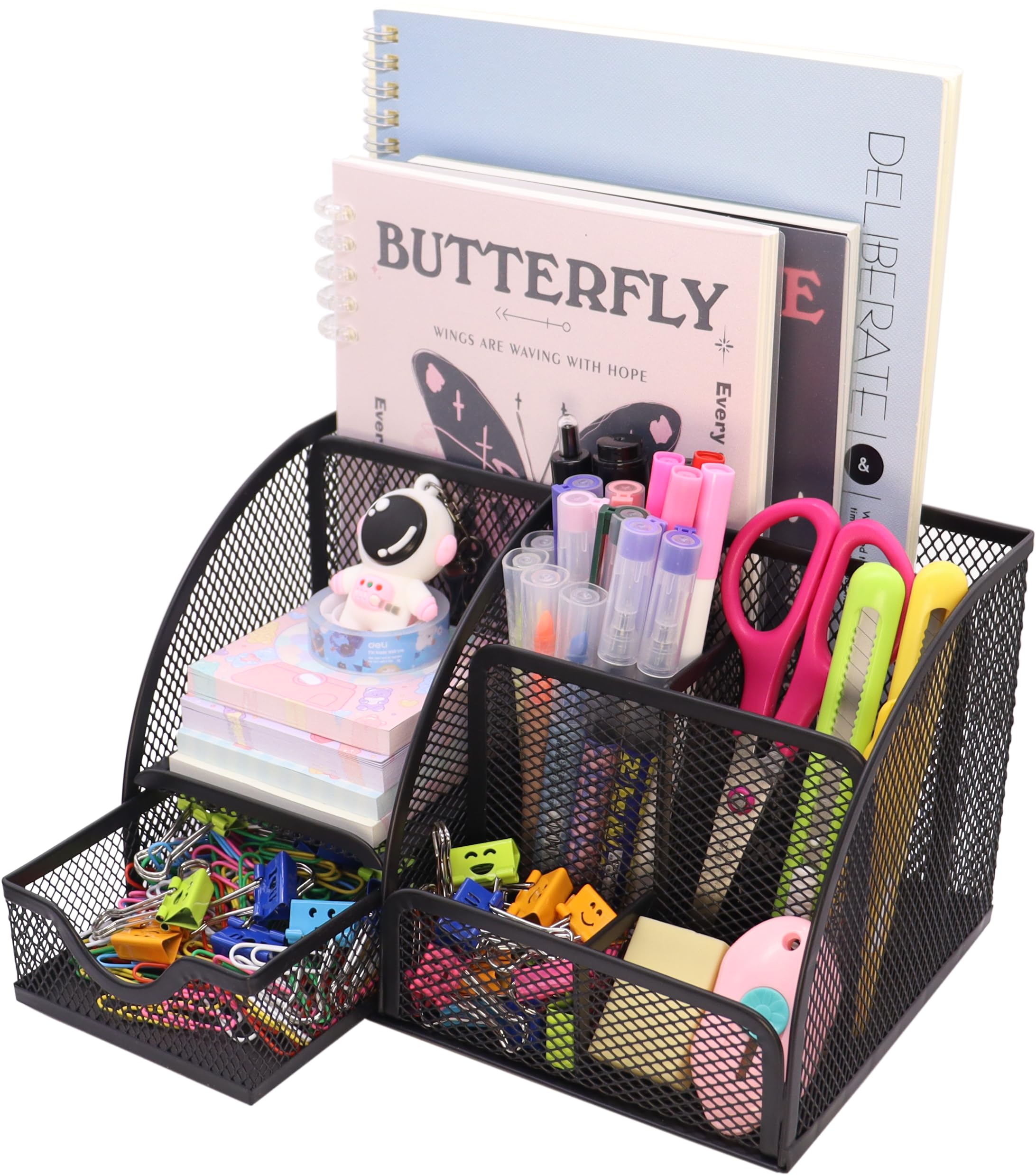 Boutilon Mesh Desk Organizer Desktop Office Supplies Stationary Organizer with 6 Compartments and 1 Drawer Multi-Functional Caddy Pen Holder for Home Office School Desk Decor(Black)