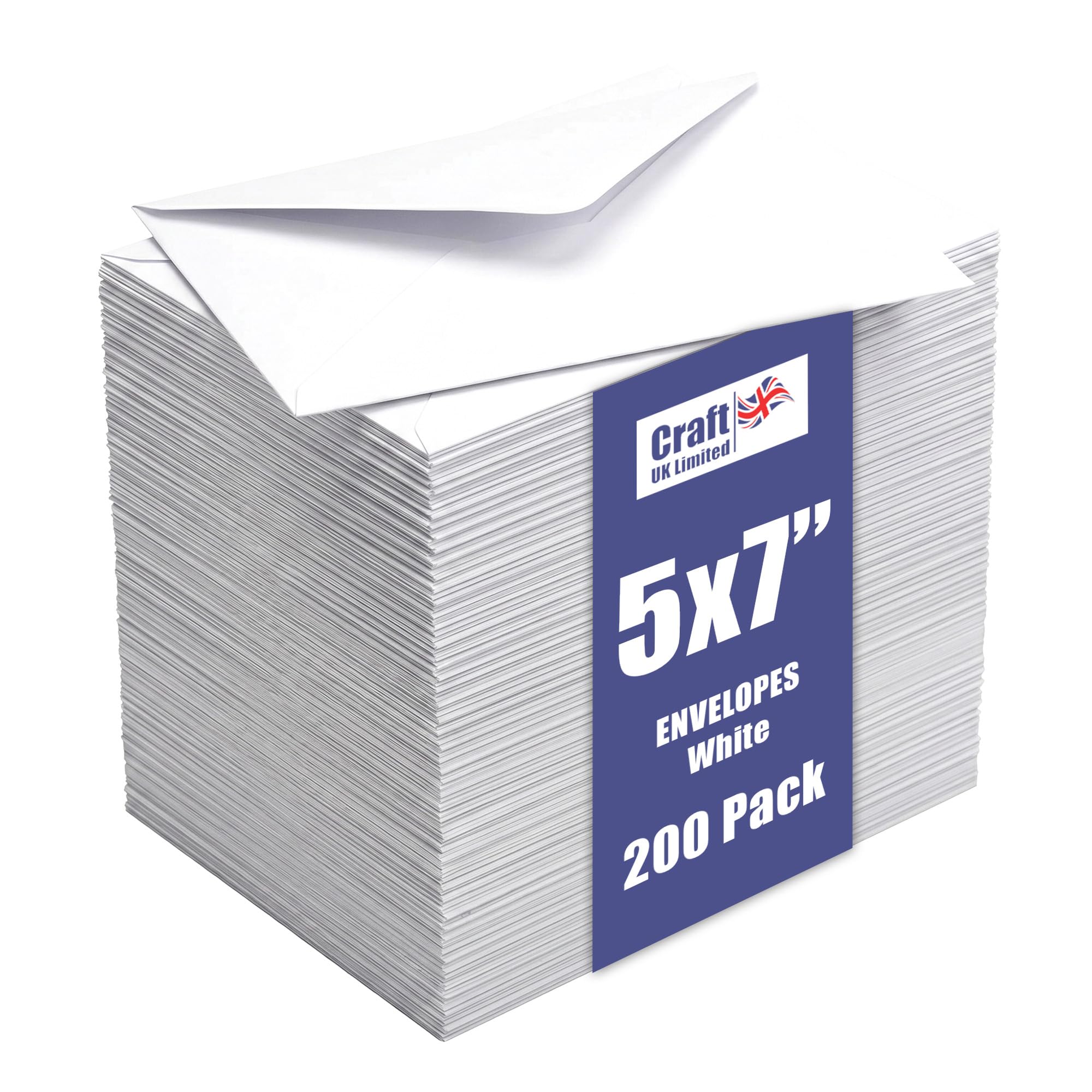 Craft UK, 200 5x7 Envelopes for Card Making, Invitations, and More, Made in the UK, Lasting Quality, White