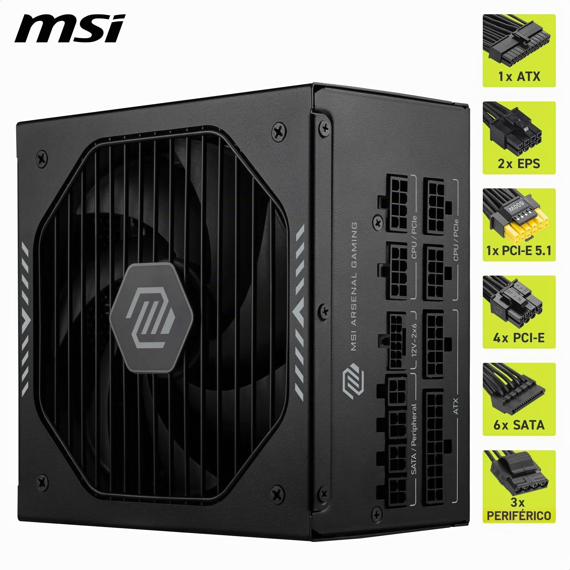 MSI mag A1200PLS PCIE5 - Fuente de alimentación para PC, GPU Safeguard, Condensador Principal 105°C, Fan Safeguard, 1200W, 80 Plus Platinum, ATX 3.1, Conector Nativo 12V-2x6, Cables en Relieve