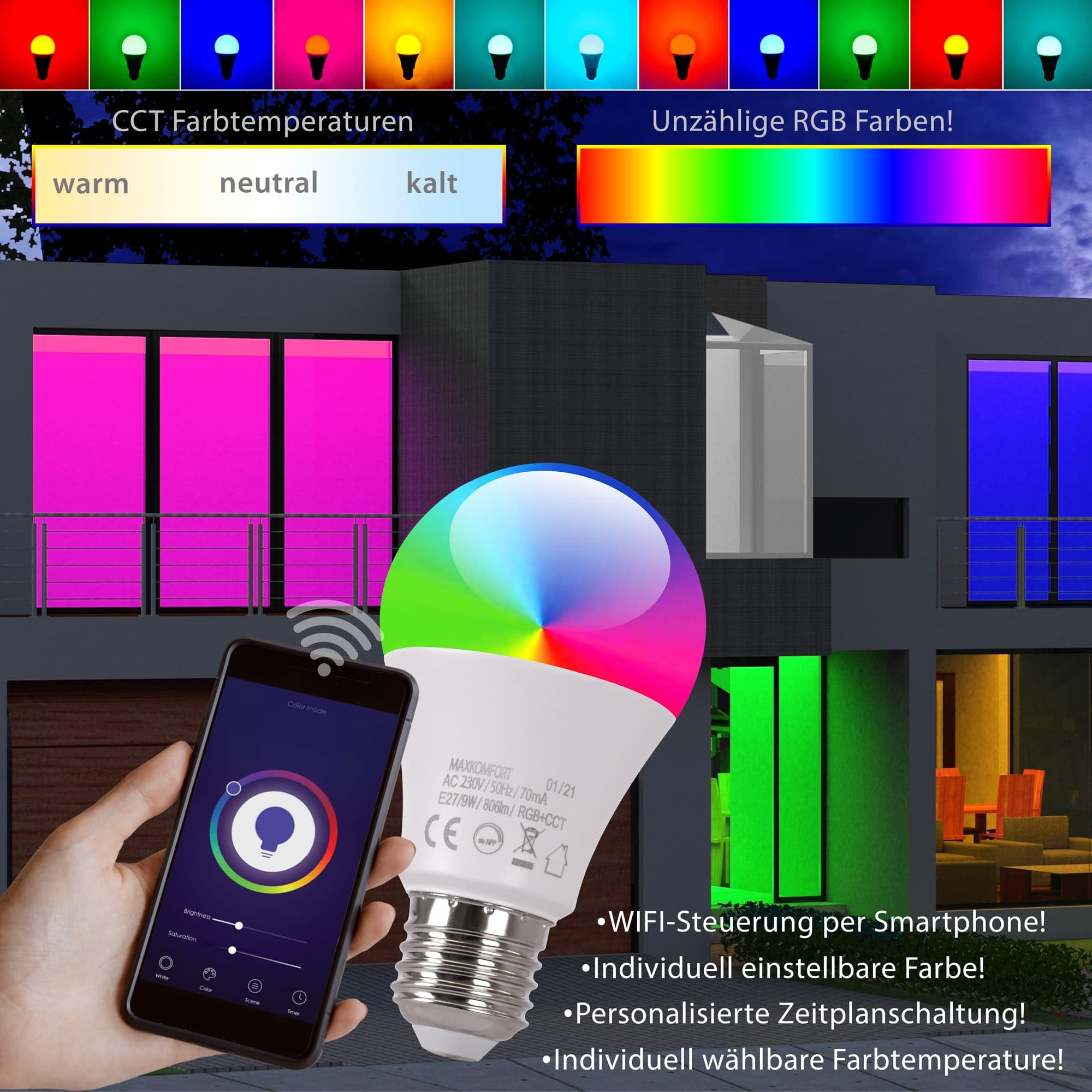 Maxkomfort SMART E27 LED Leuchtmittel RGB 9W warmweiß RGBW App Steuerung WIFI Alexa und Google kompatibel (5)