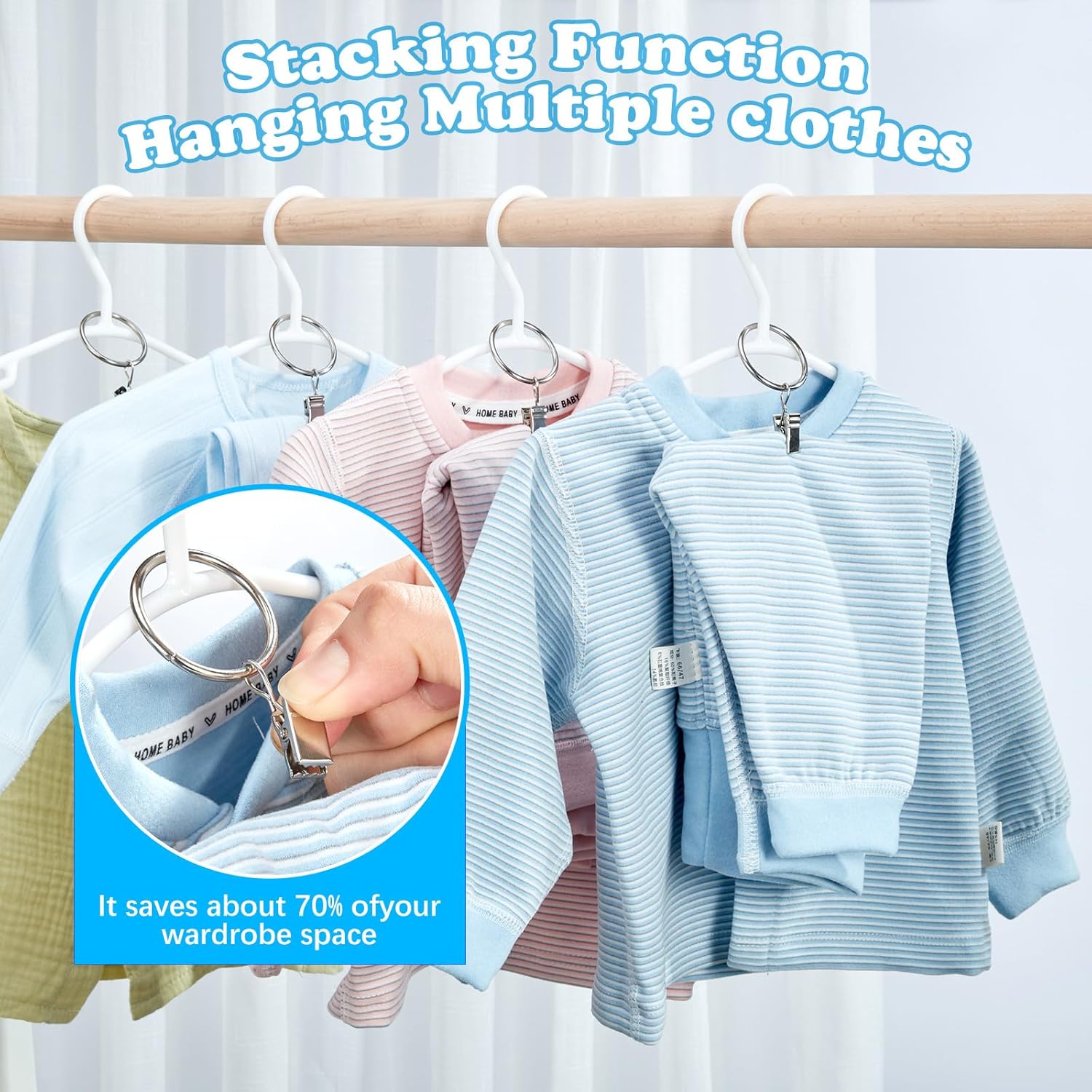 Baby Hangers with Metal Ring Clips, Children Plastic Hanger for Kids Pants Clothes Closet, 20 Pack, White - Image 3