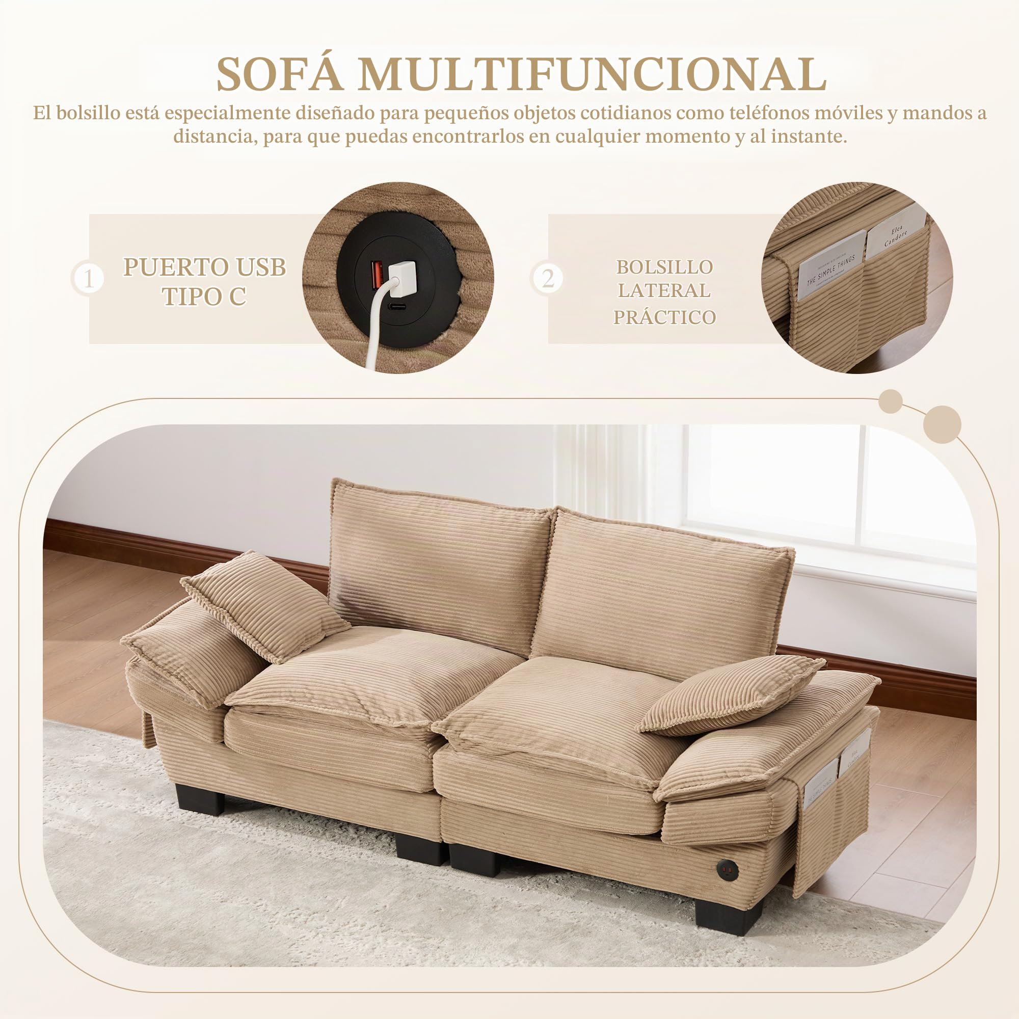 Sofá Cama con Respaldo y Almohada para Salón, Sofá Doble con Cómodos Cojines y Reposabrazos, Sofás con Bolsillos Laterales para Dormitorio Apartamento, Sofás Modular, Pana (Caqui)