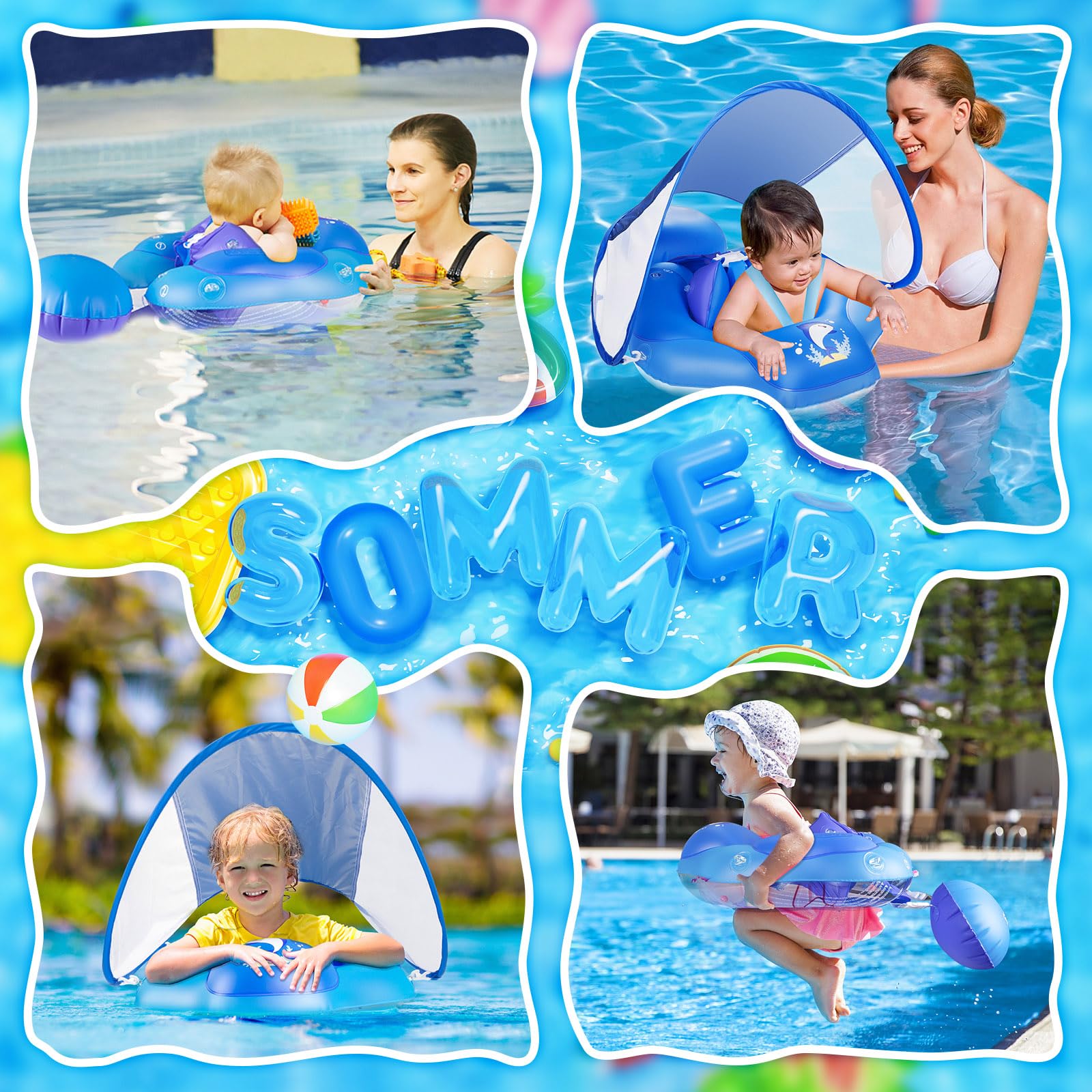 Boa di nuoto per neonati con baldacchino solare UPF50+, galleggiante per neonati Parner, aiuto per il nuoto per bambini da 3 a 36 mesi