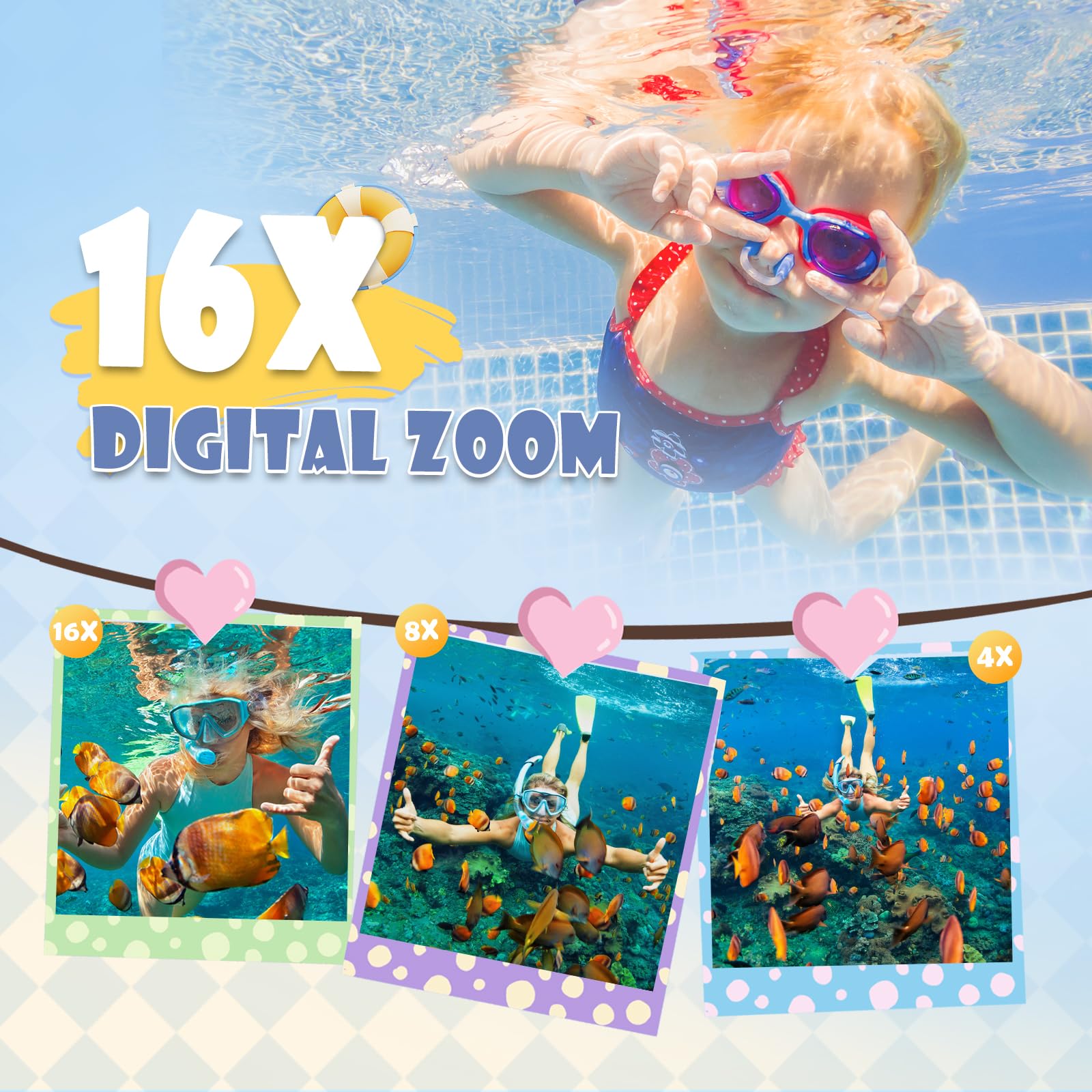 Fotocamera Digitale Impermeabile,Couleeur Macchina Fotografica Subacquea Full HD 2.7K 48MP Doppio Schermo Anti-Shake con Microfono LED Autoscatto e Zoom Digitale 16X per Bambini Adolescenti(Giallo)