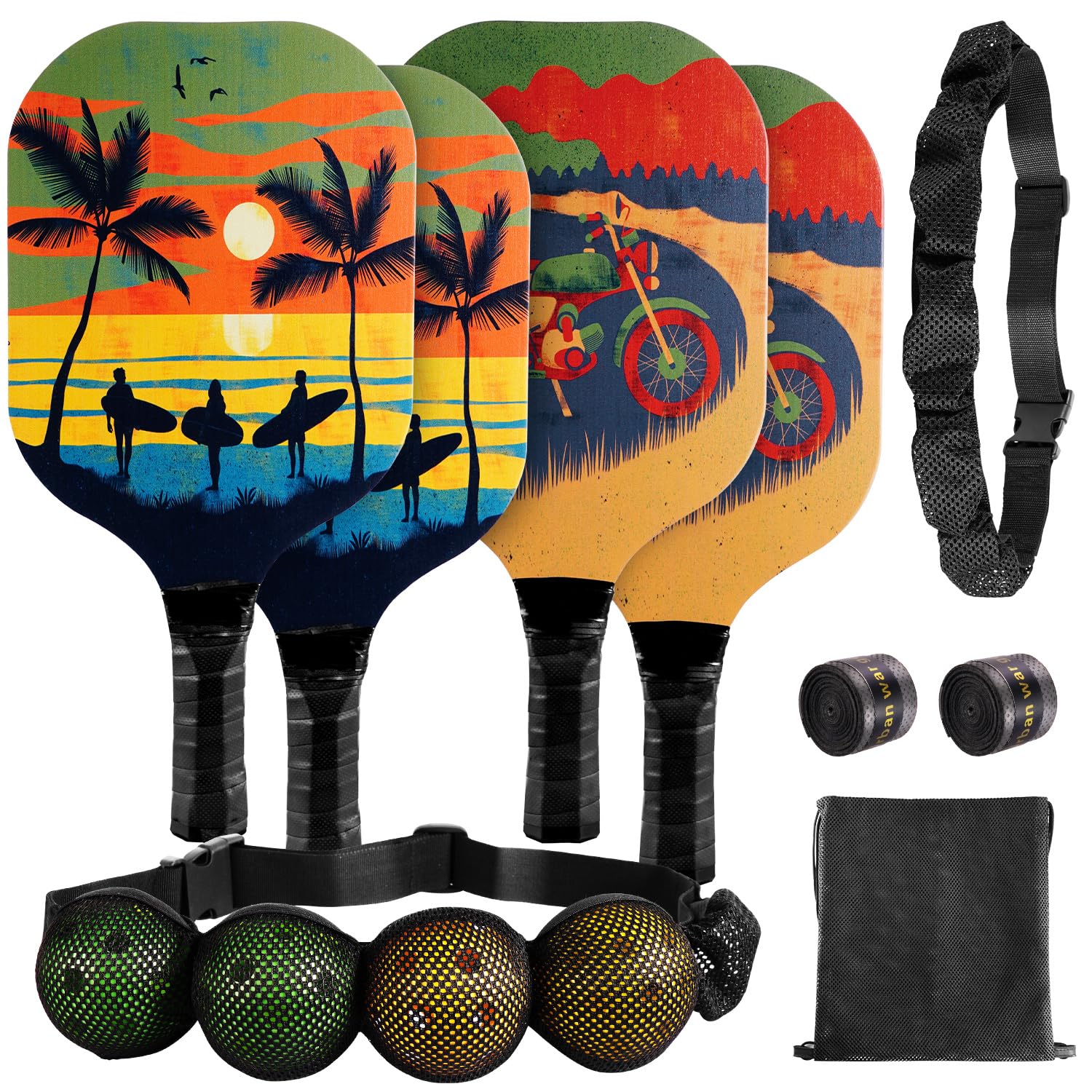 Pickleball Paddles Set of 4 with 4 Premium 9-Ply Basswood Paddles & 4 Pickleballs & 2 Handle Grips Tape & 2 Pickleball Belts & Carry Bag for Beginners