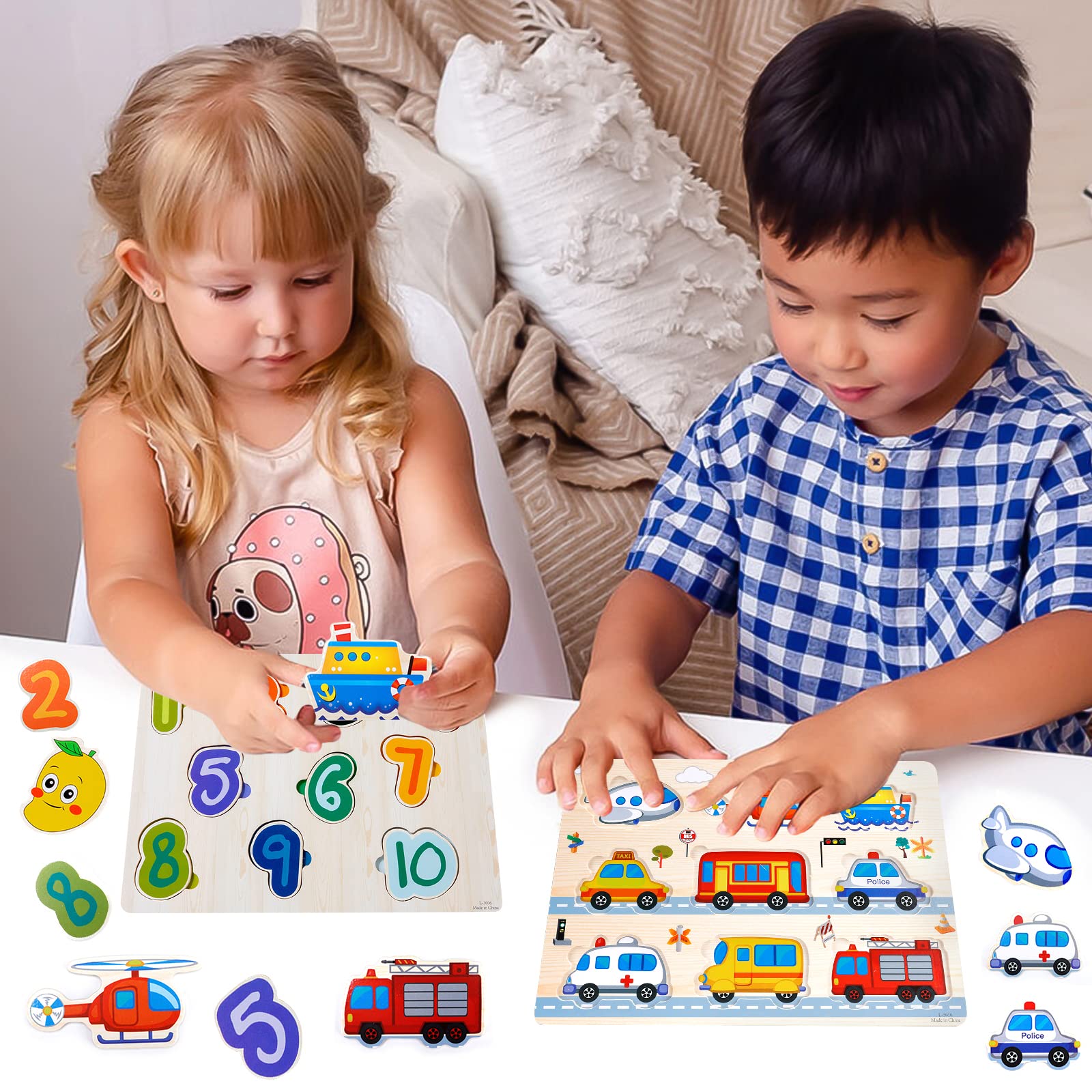Purpledi 5 Pezzi Puzzle in Legno per i Bambini, Giochi Montessori Bambino, Educativo Giocattoli Regalo per 1 2 3 Anni, Animali Frutta Forme Lettere Numeri Traffico, Regalo Natale Ragazzi Ragazze (B)