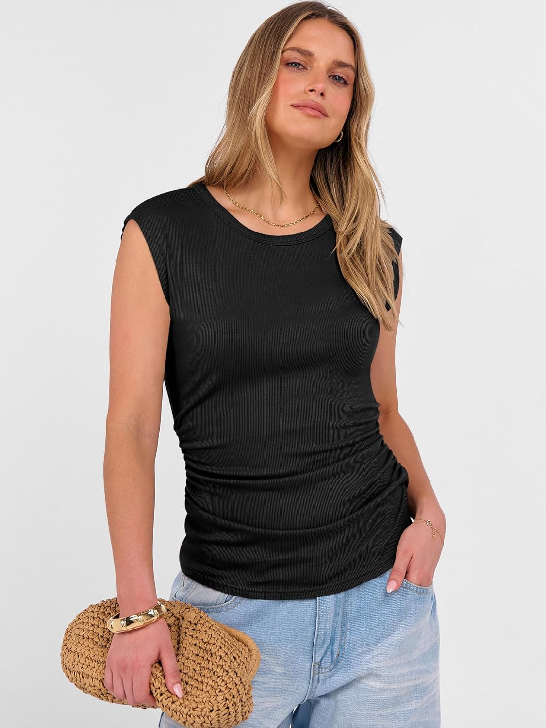 ANRABESS Womens Tops Cap Sleeve Crewneck Shirts Casual Ribbed Knit Slim Fit Ruched Summer Basic Tee Tank 2026 Trendy Clothes - Image 7