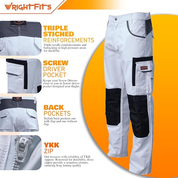 WrightFits Olympian Painters Trousers for Men - Decorators Workwear with Knee Pads Pockets - Combat Style in White (30W - 42W)