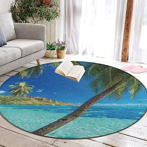 Alfombra redonda ultra suave de 36 pulgadas de diámetro, isla tropical con palmeras y mar brillante, arte de playa, antideslizante, decoración del
