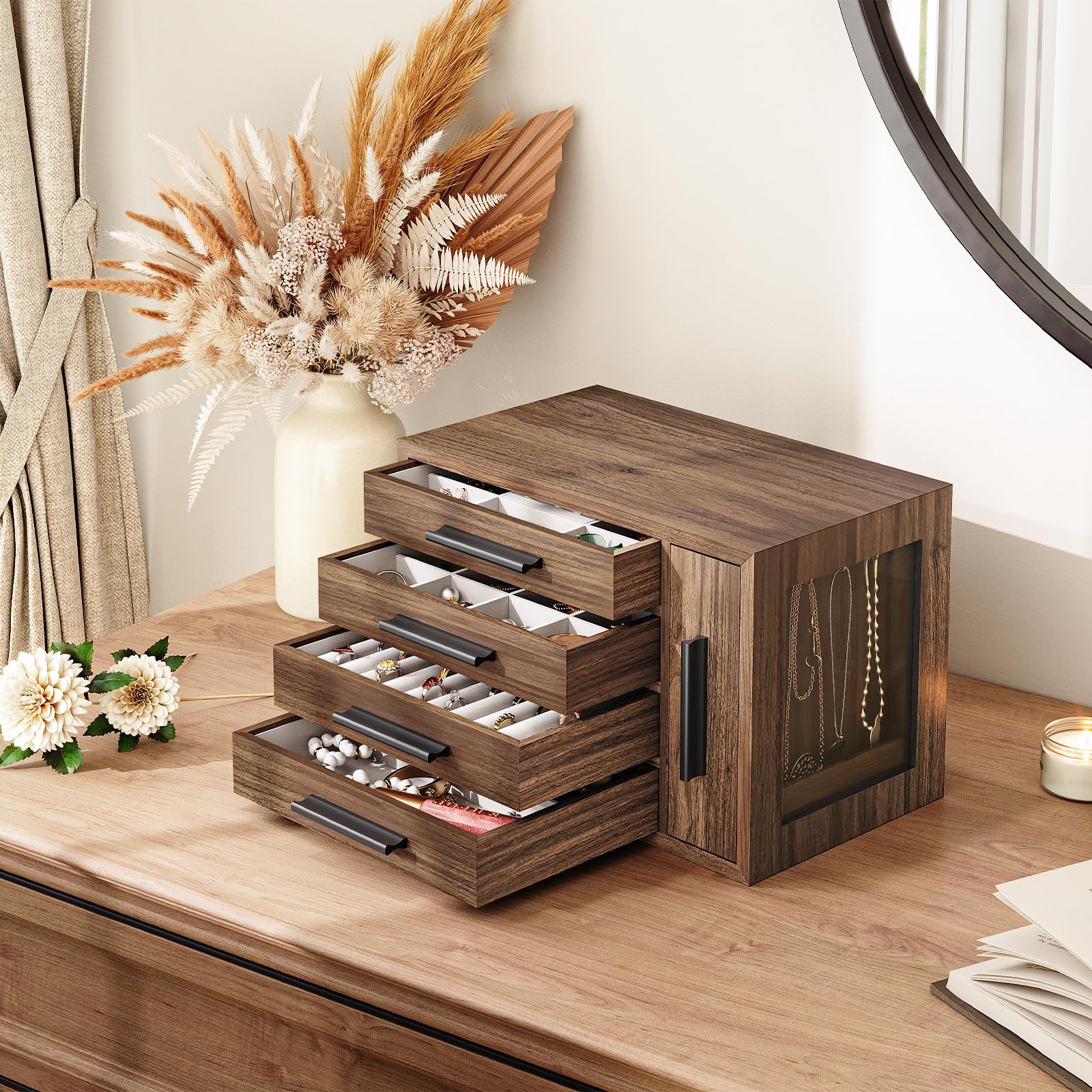 HOOBRO Caja Joyero, Organizador de Joyas de 4 Niveles de Madera con Ventana Transparente, Caja de Joyas para Pendientes, Collares, Anillos, Nogal y Negro EBH09JB04