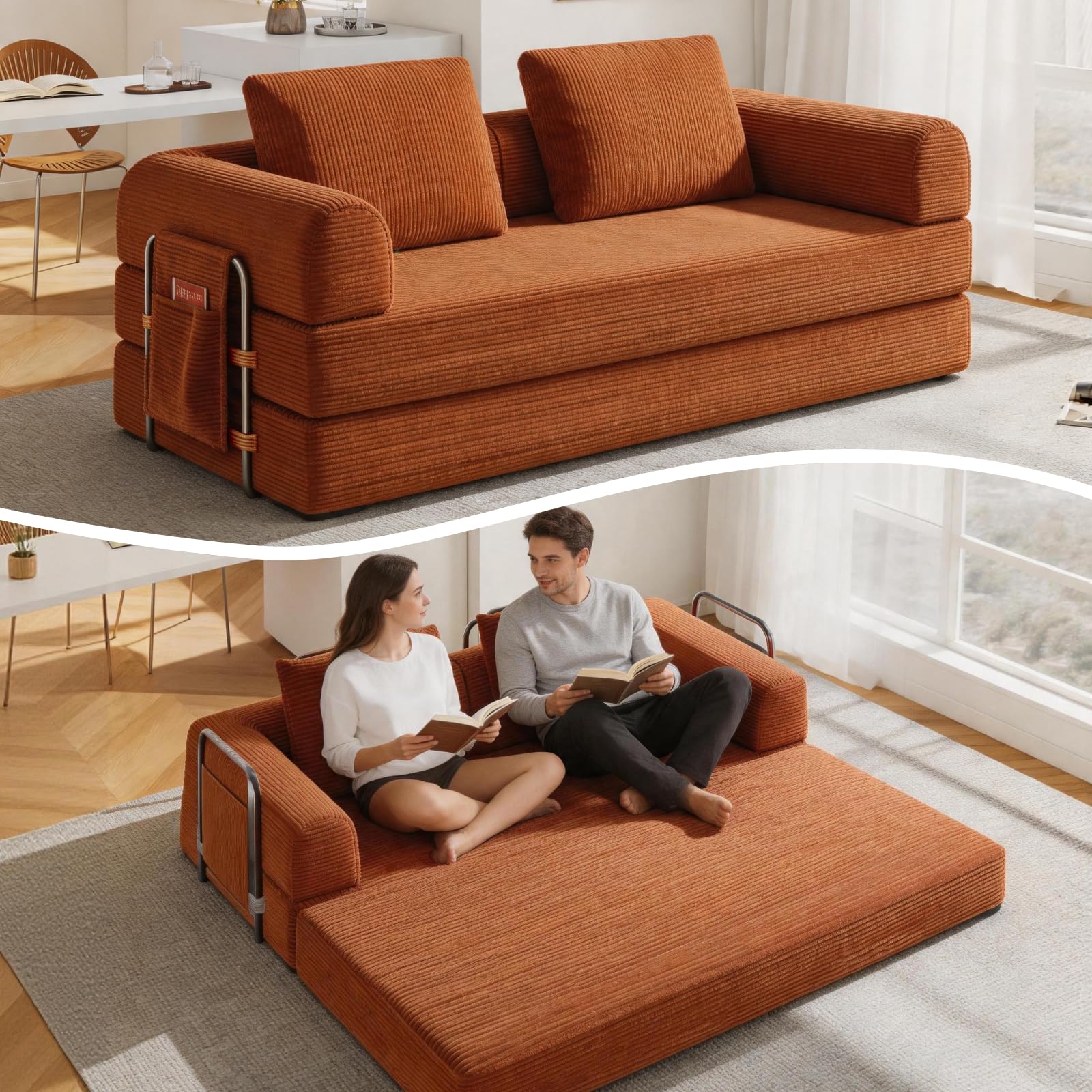 78" Convertible Sofa Bed, Corduroy Futon Couch with Storage Pocket, Boneless Pull Out Sleeper Sofa, Foldable Couch for Living Room Bedroom, No Assembly Space Saver, Orange