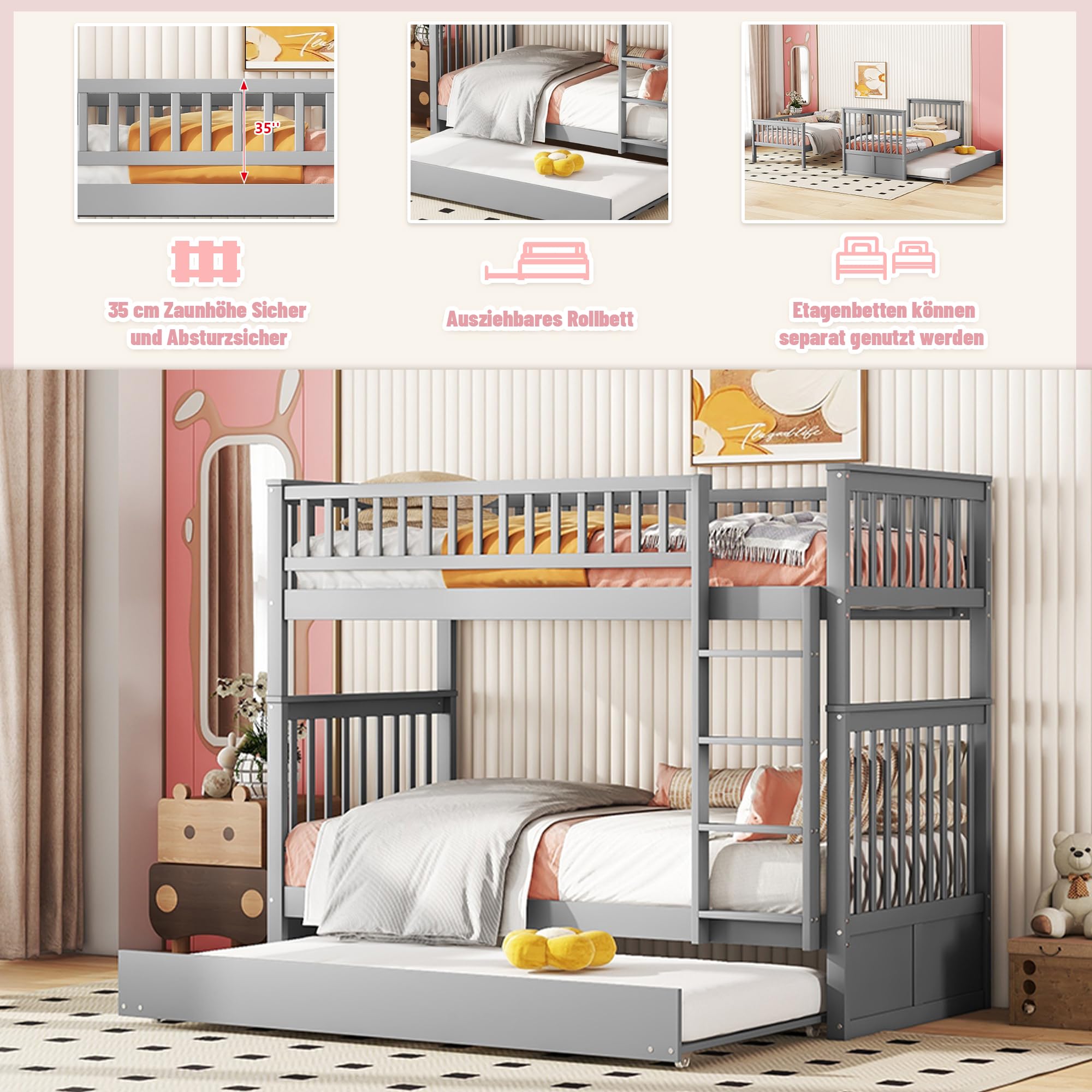 Azkoeesy Letto a castello con secondo letto estraibile, per 3 adolescenti e adulti, 90 x 200 + 90 x 190 cm, struttura letto trasformabile, Legno di pino, Grigio