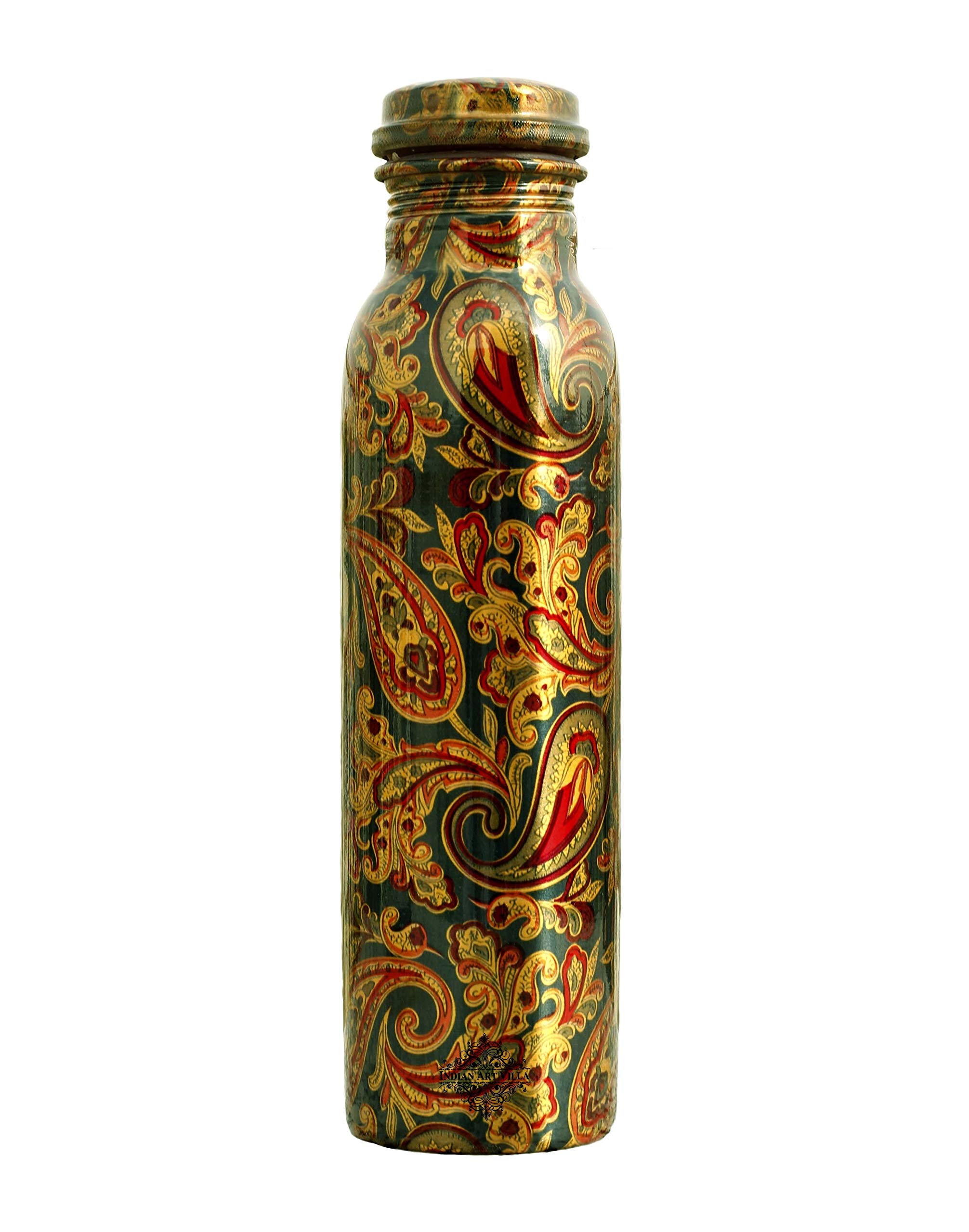 Indian Art Villa copper water bottle, Paisley Design, Green, Perfect for Birthday and Special Occasion Gift, Volume- 30 Oz