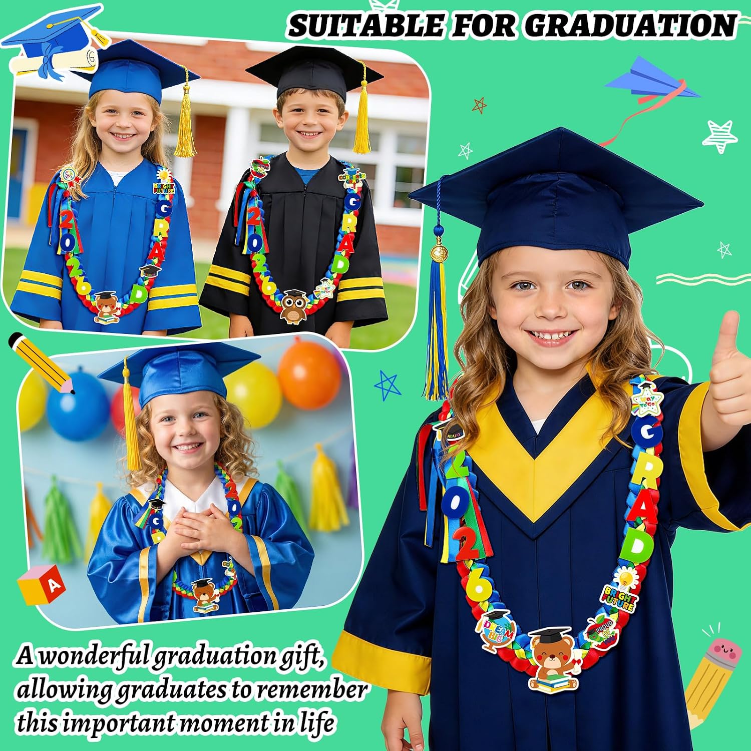DECYOOL Kindergarten Preschool Graduation Lei kid Class of 2026 Accessory | Bule Double Braided Satin Ribbon 47.2 Inch Kindergarten Lei for Kid Graduate with Acrylic Brooch Card for Preschool Boy Girl