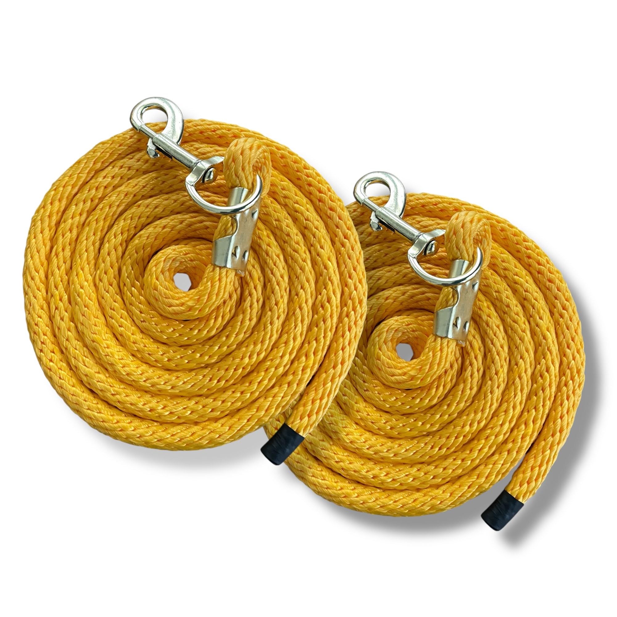 Confezione da 2 robuste corde in poliestere da 3 m per cavalli e bestiame, larghezza 1,5 cm, chiusura a scatto (giallo toscana)